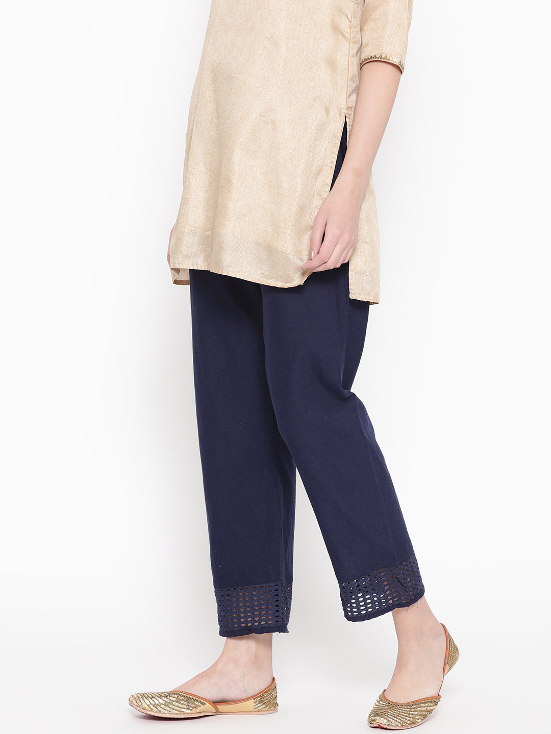Vastraa Fusion Straight Regular Fit Stylish Solid Cotton Embroidered Lace Palazzo or Bottoms For Women's and Girls