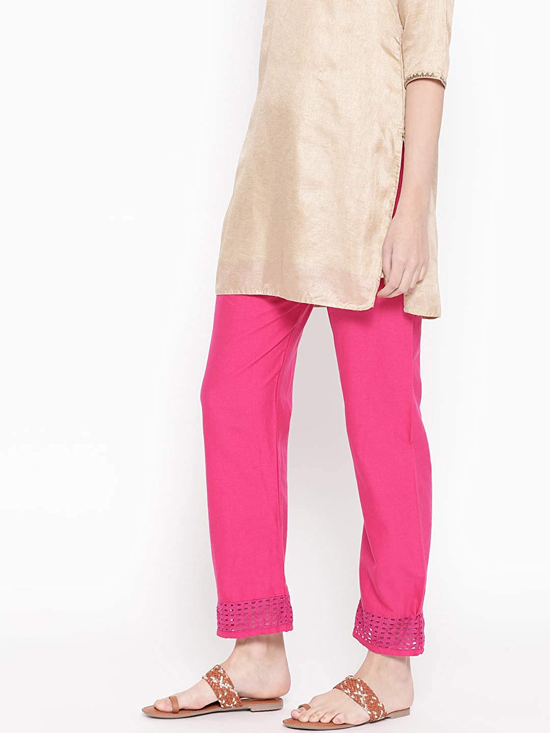 Vastraa Fusion Straight Regular Fit Stylish Solid Cotton Embroidered Lace Palazzo or Bottoms For Women's and Girls