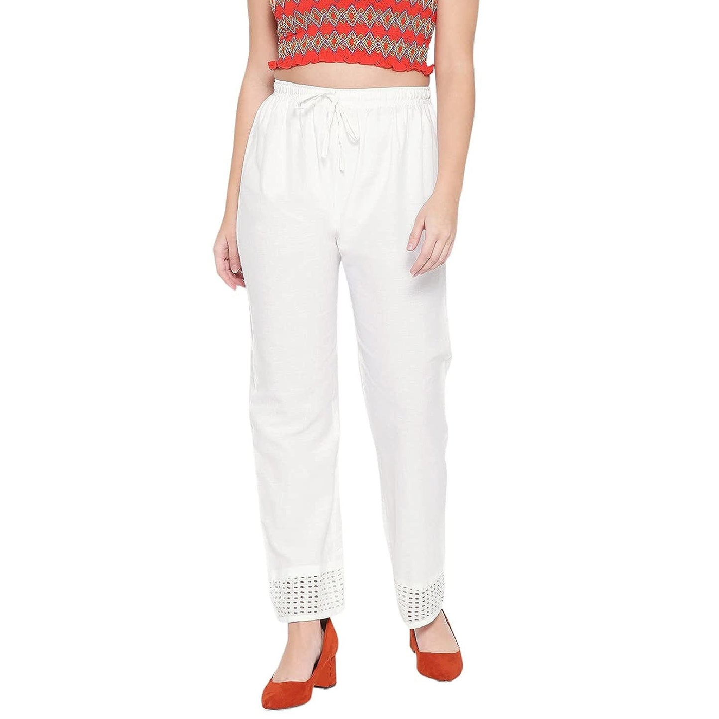 Vastraa Fusion Straight Regular Fit Stylish Solid Cotton Embroidered Lace Palazzo or Bottoms For Women's and Girls