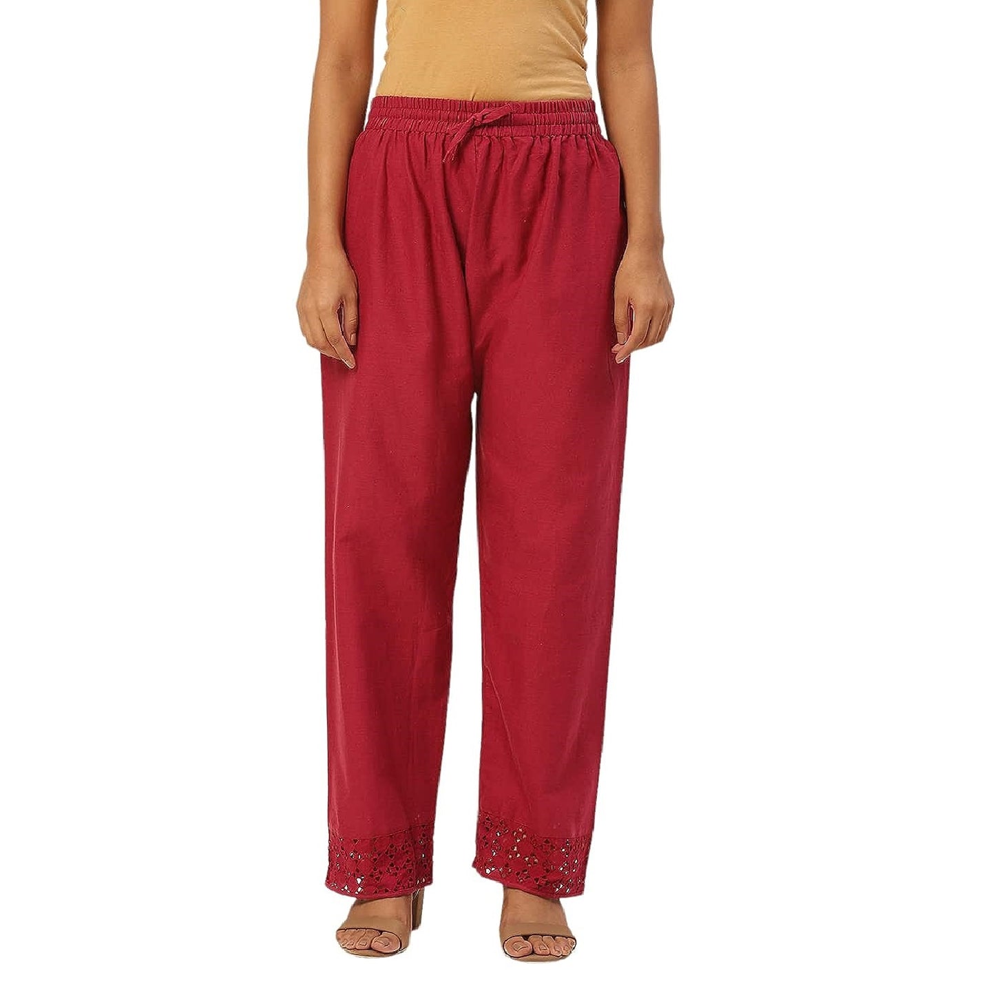 Vastraa Fusion Straight Regular Fit Stylish Solid Cotton Embroidered Lace Palazzo or Bottoms For Women's and Girls