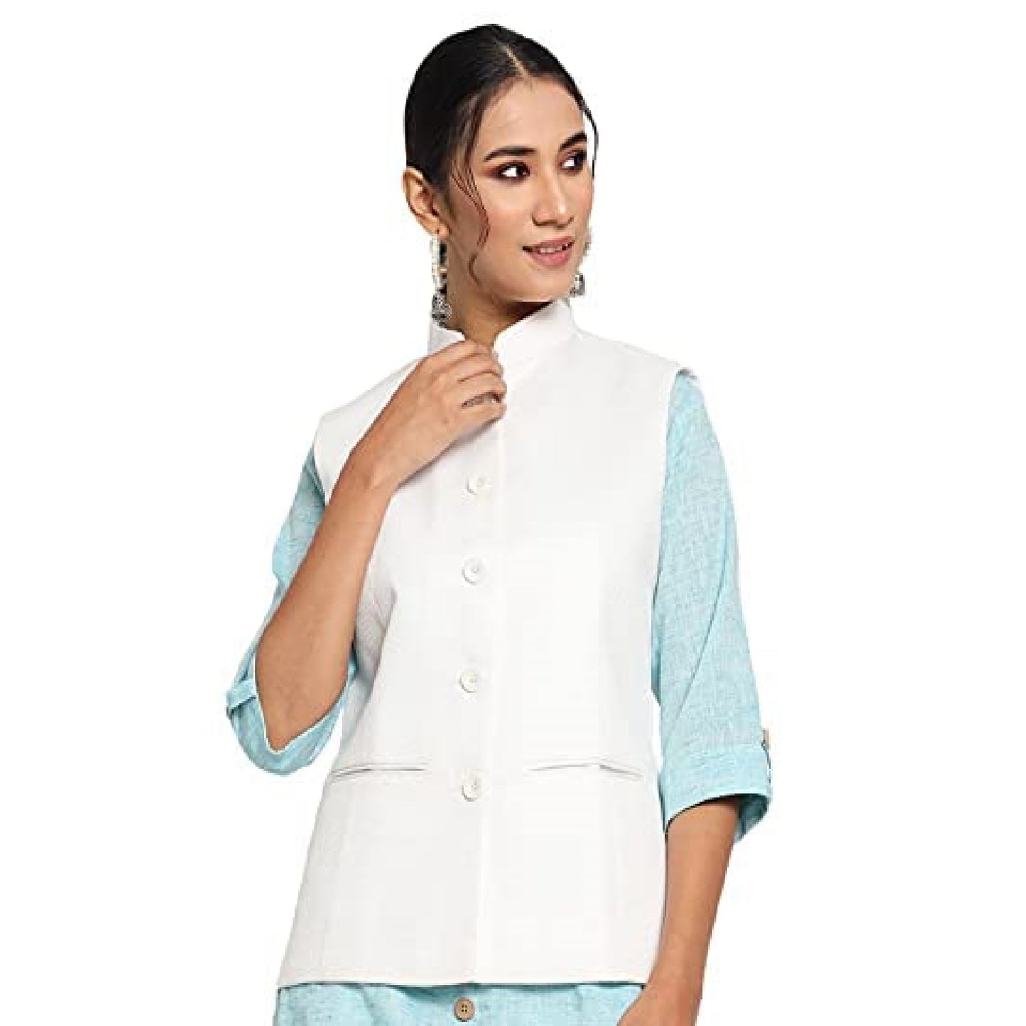 Vastraa Fusion Ladies Modi Jacket / Waistcoat - Plain Solid Colurs - Cotton Mix Nehru Jacket