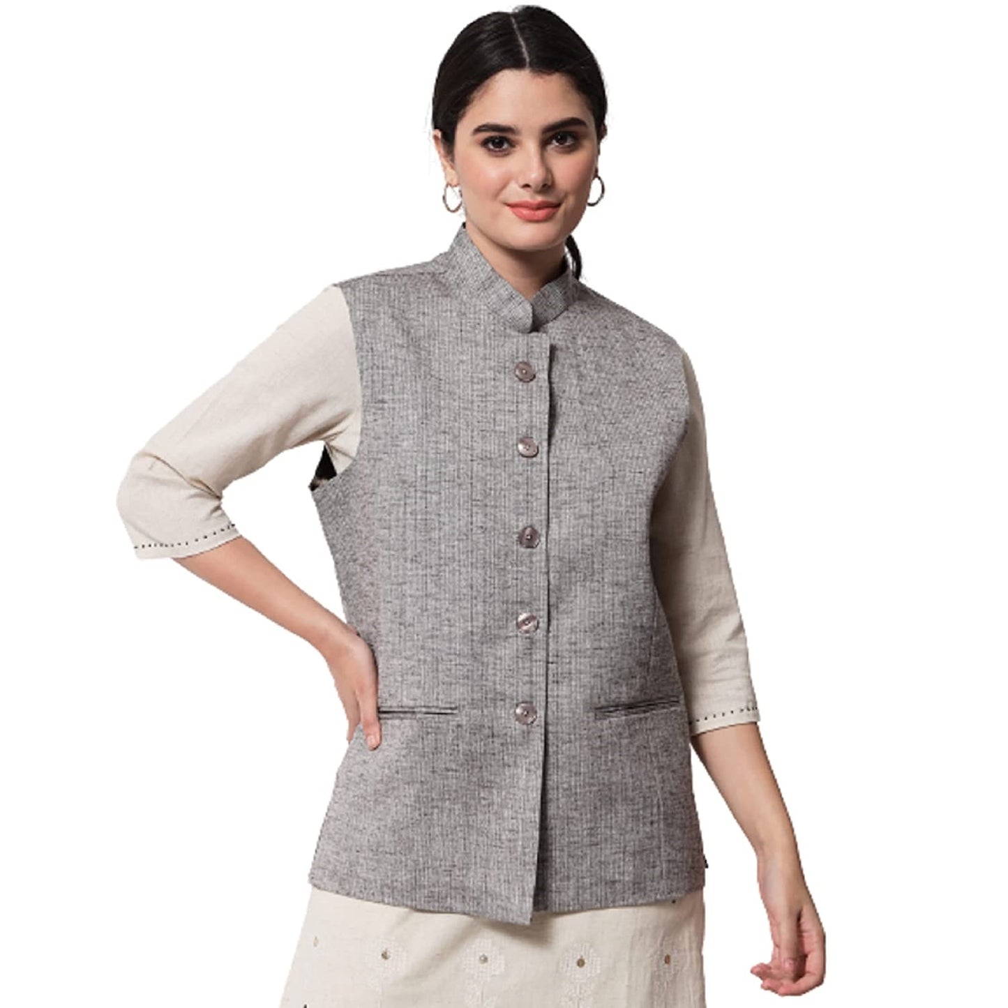 Vastraa Fusion Ladies Modi Jacket / Waistcoat - Plain Solid Colurs - Cotton Mix Nehru Jacket