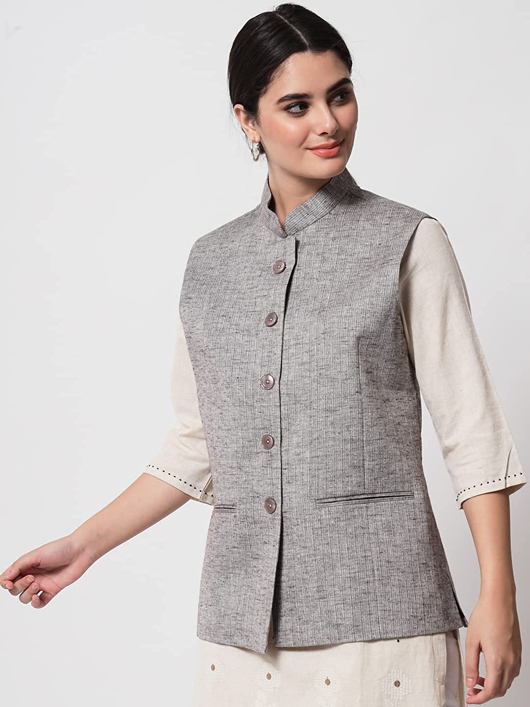 Vastraa Fusion Ladies Modi Jacket / Waistcoat - Plain Solid Colurs - Cotton Mix Nehru Jacket