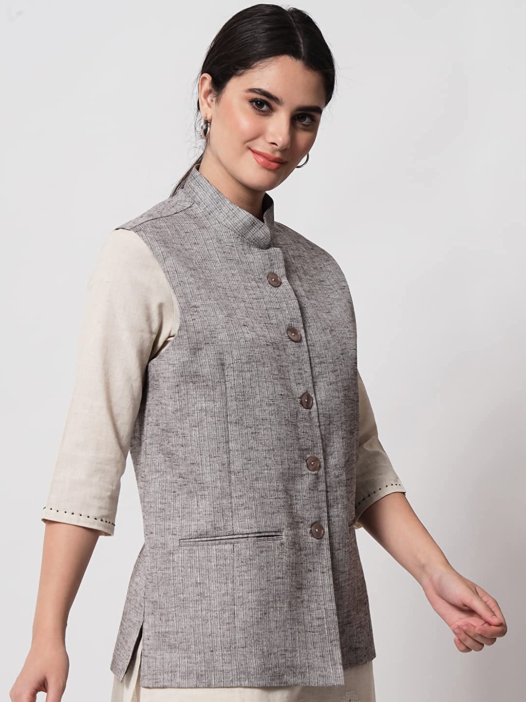 Vastraa Fusion Ladies Modi Jacket / Waistcoat - Plain Solid Colurs - Cotton Mix Nehru Jacket