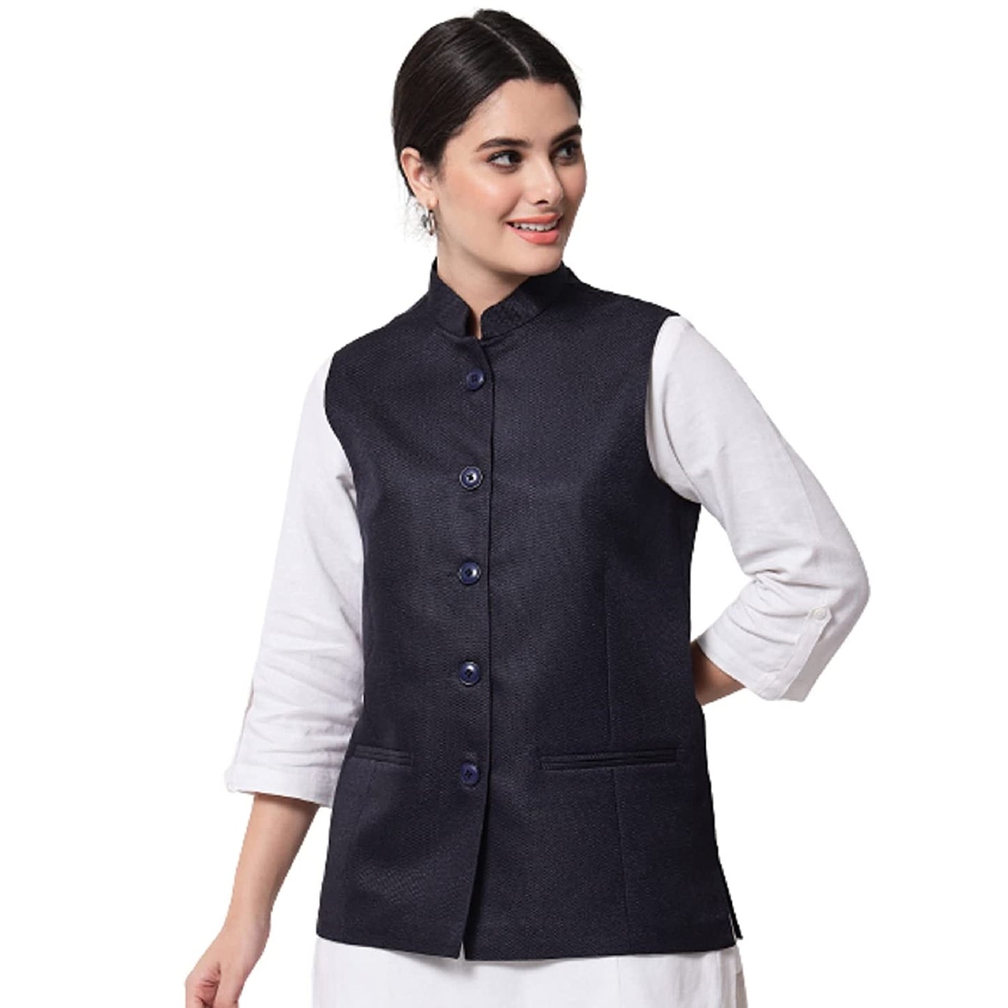 Vastraa Fusion Ladies Modi Jacket / Waistcoat - Plain Solid Colurs - Cotton Mix Nehru Jacket