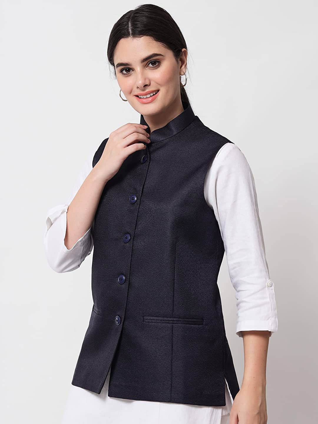 Vastraa Fusion Ladies Modi Jacket / Waistcoat - Plain Solid Colurs - Cotton Mix Nehru Jacket