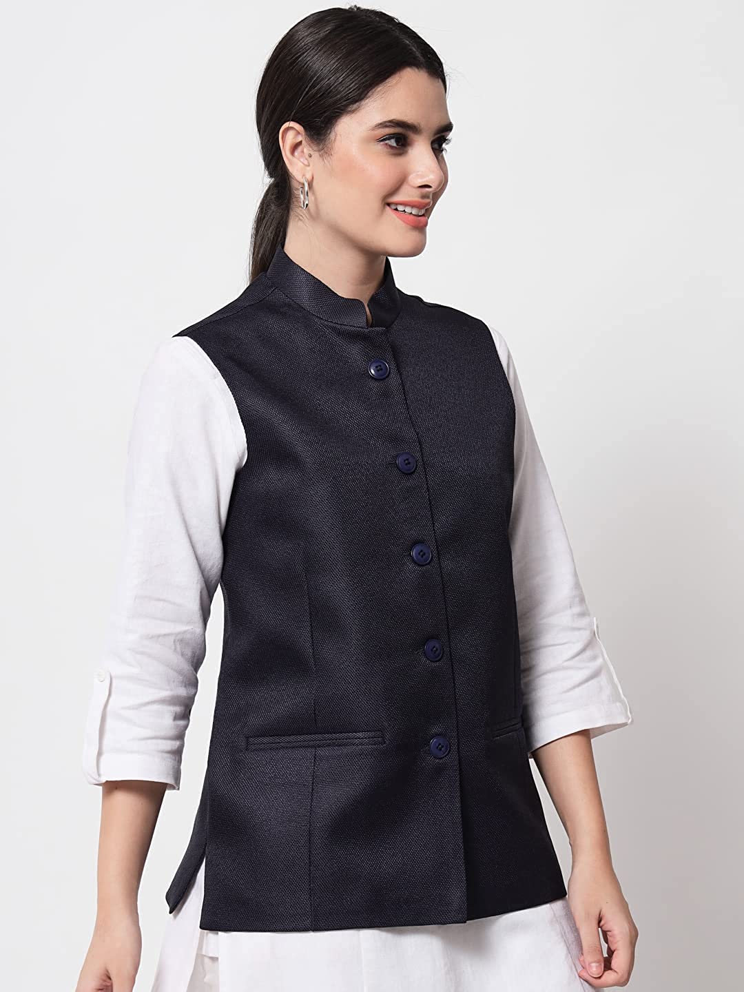 Vastraa Fusion Ladies Modi Jacket / Waistcoat - Plain Solid Colurs - Cotton Mix Nehru Jacket