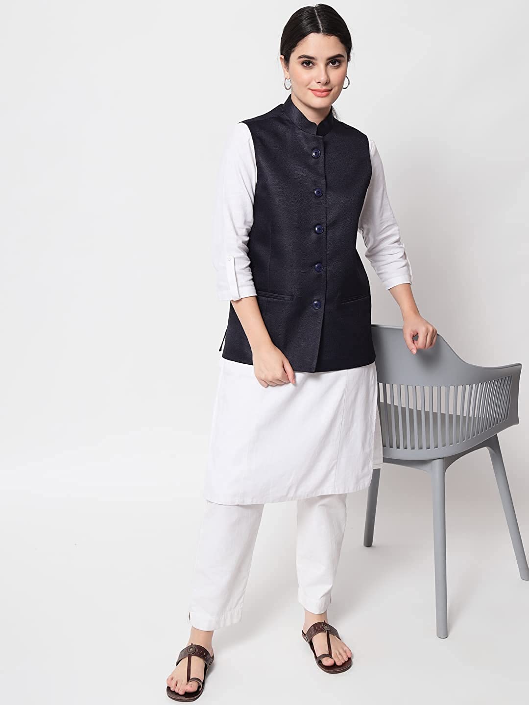 Vastraa Fusion Ladies Modi Jacket / Waistcoat - Plain Solid Colurs - Cotton Mix Nehru Jacket