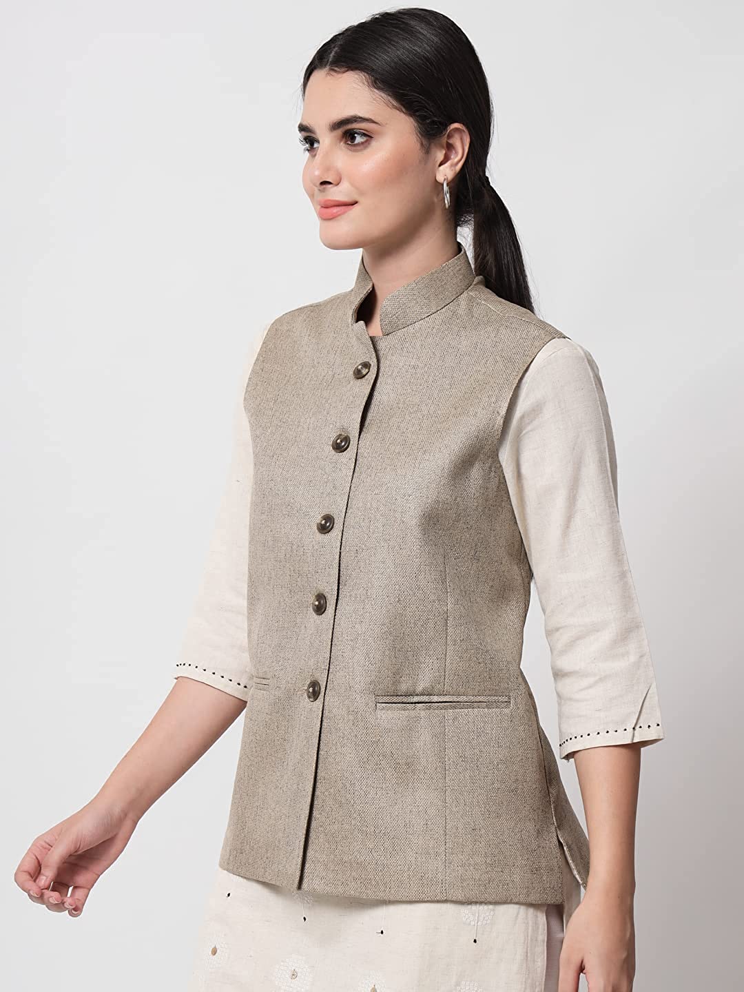 Vastraa Fusion Ladies Modi Jacket / Waistcoat - Plain Solid Colurs - Cotton Mix Nehru Jacket