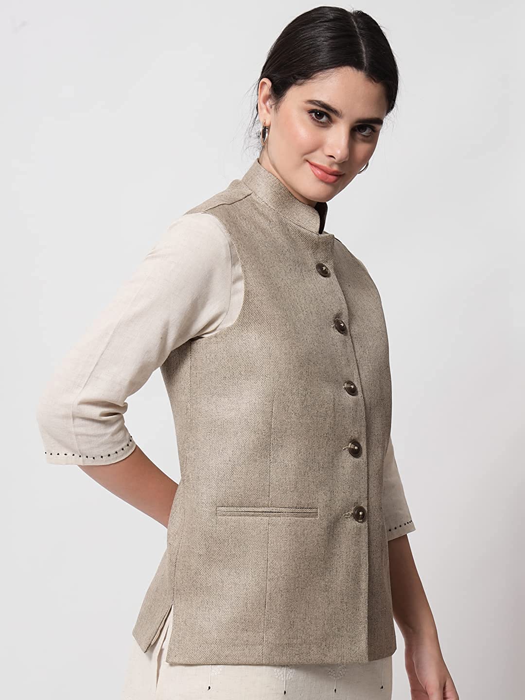 Vastraa Fusion Ladies Modi Jacket / Waistcoat - Plain Solid Colurs - Cotton Mix Nehru Jacket