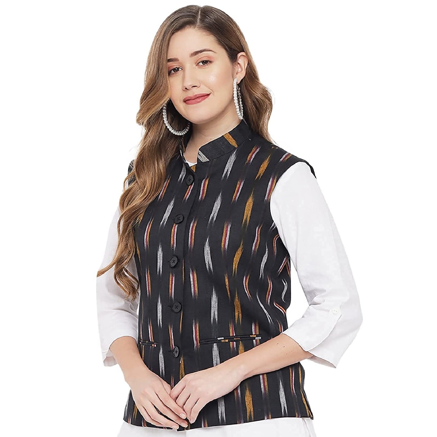 Ladies Modi Jacket / Waistcoat - Khadi Look in Mix Ikkat Patterns - South Cotton Nehru Jacket