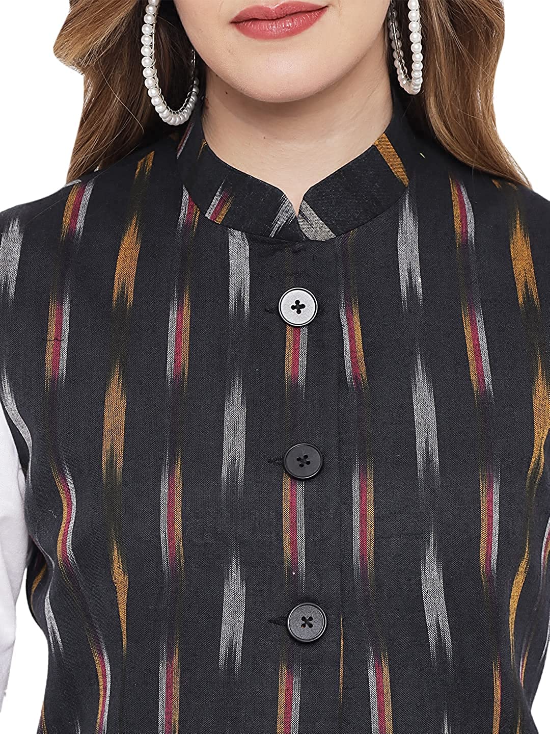 Ladies Modi Jacket / Waistcoat - Khadi Look in Mix Ikkat Patterns - South Cotton Nehru Jacket