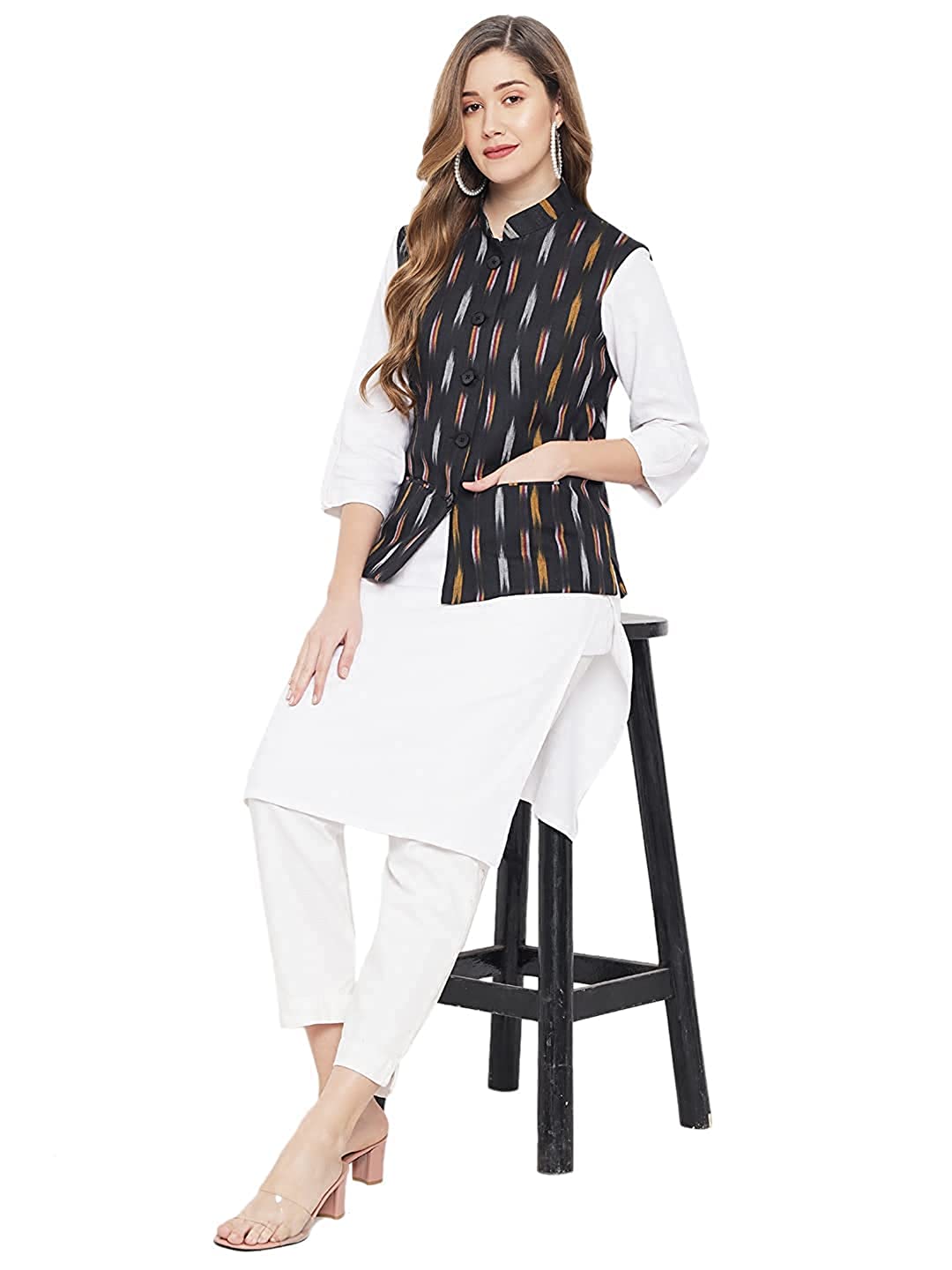 Ladies Modi Jacket / Waistcoat - Khadi Look in Mix Ikkat Patterns - South Cotton Nehru Jacket