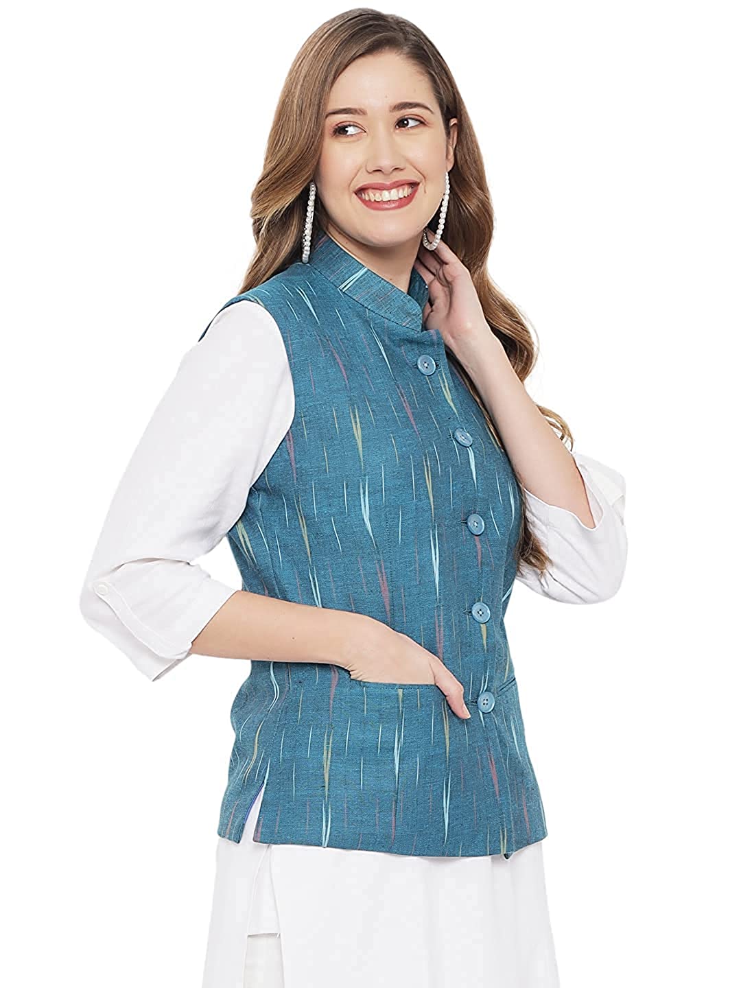 Ladies Modi Jacket / Waistcoat - Khadi Look in Mix Ikkat Patterns - South Cotton Nehru Jacket