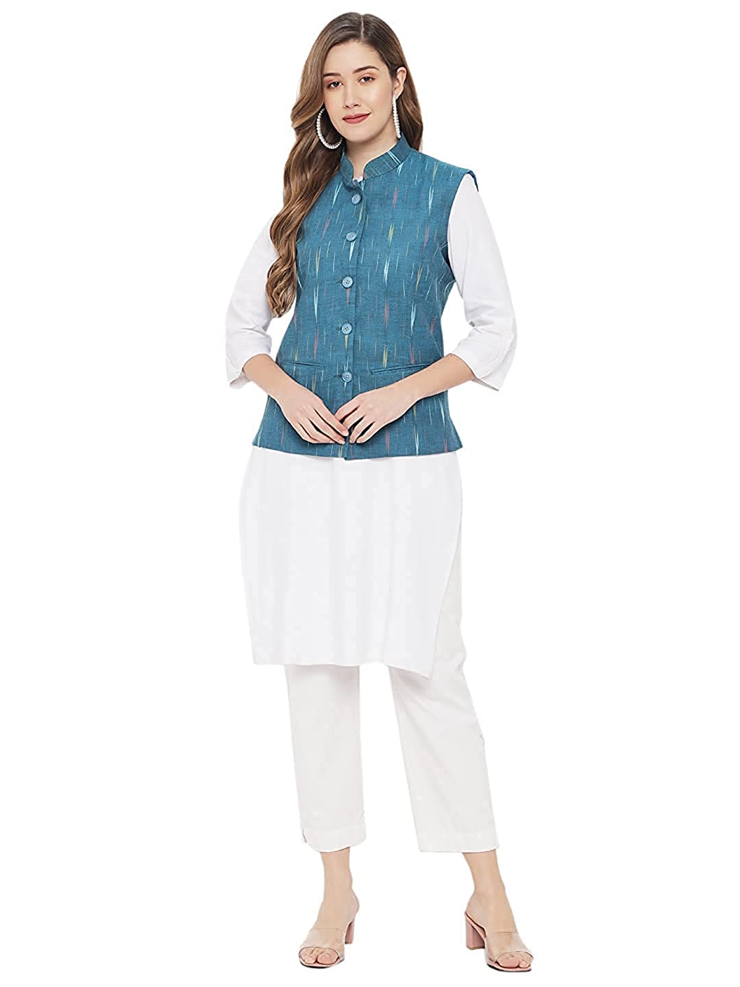 Ladies Modi Jacket / Waistcoat - Khadi Look in Mix Ikkat Patterns - South Cotton Nehru Jacket