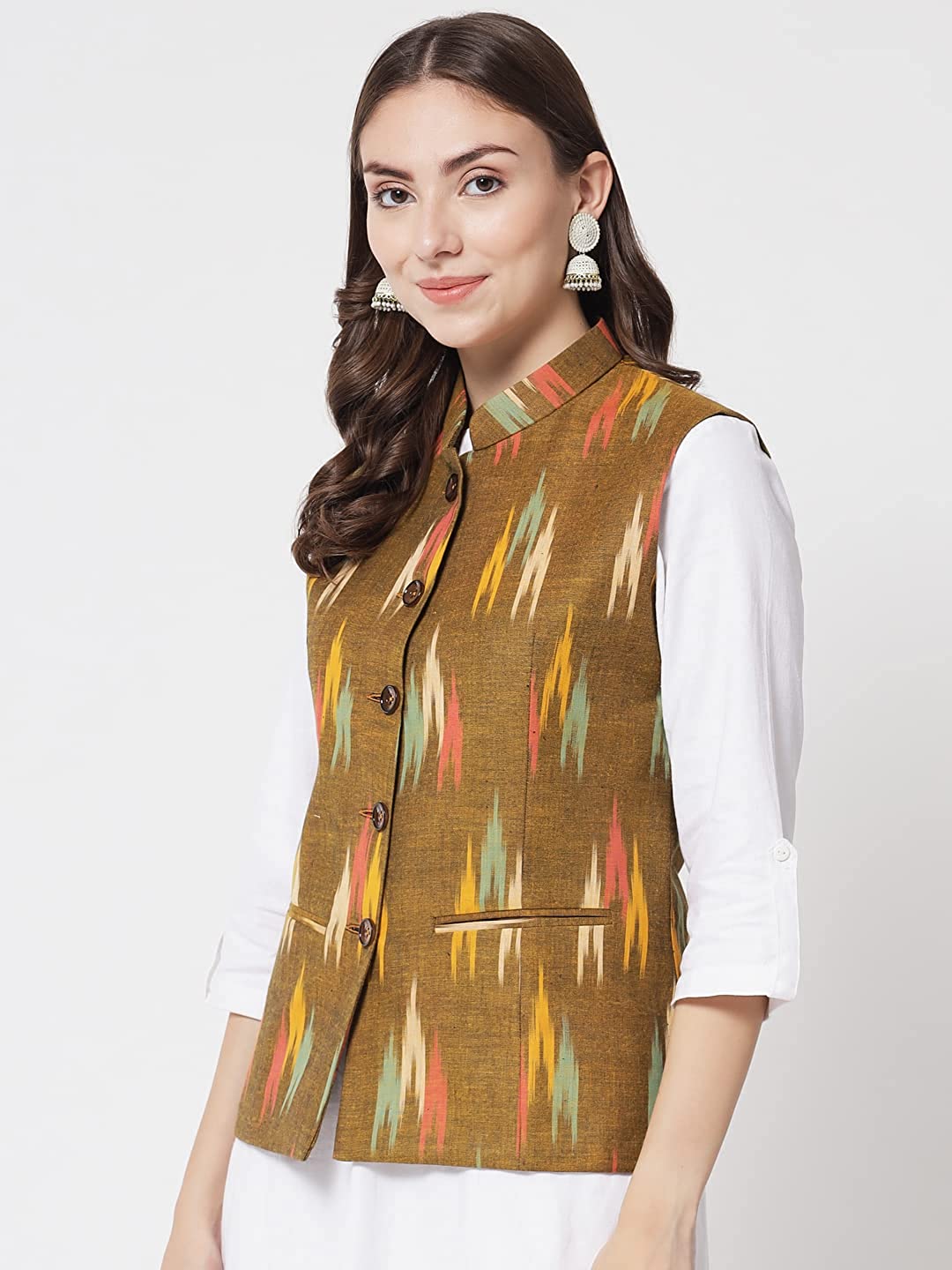 Ladies Modi Jacket / Waistcoat - Khadi Look in Mix Ikkat Patterns - South Cotton Nehru Jacket