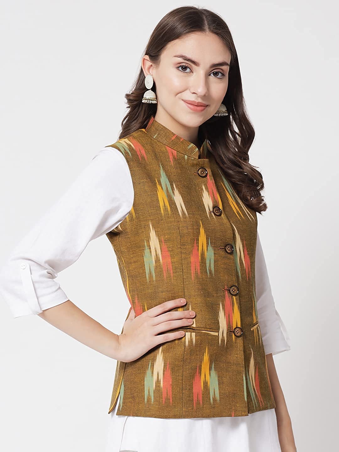 Ladies Modi Jacket / Waistcoat - Khadi Look in Mix Ikkat Patterns - South Cotton Nehru Jacket