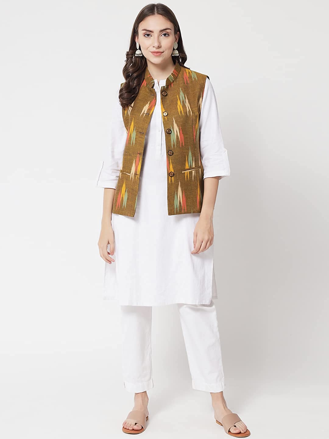 Ladies Modi Jacket / Waistcoat - Khadi Look in Mix Ikkat Patterns - South Cotton Nehru Jacket