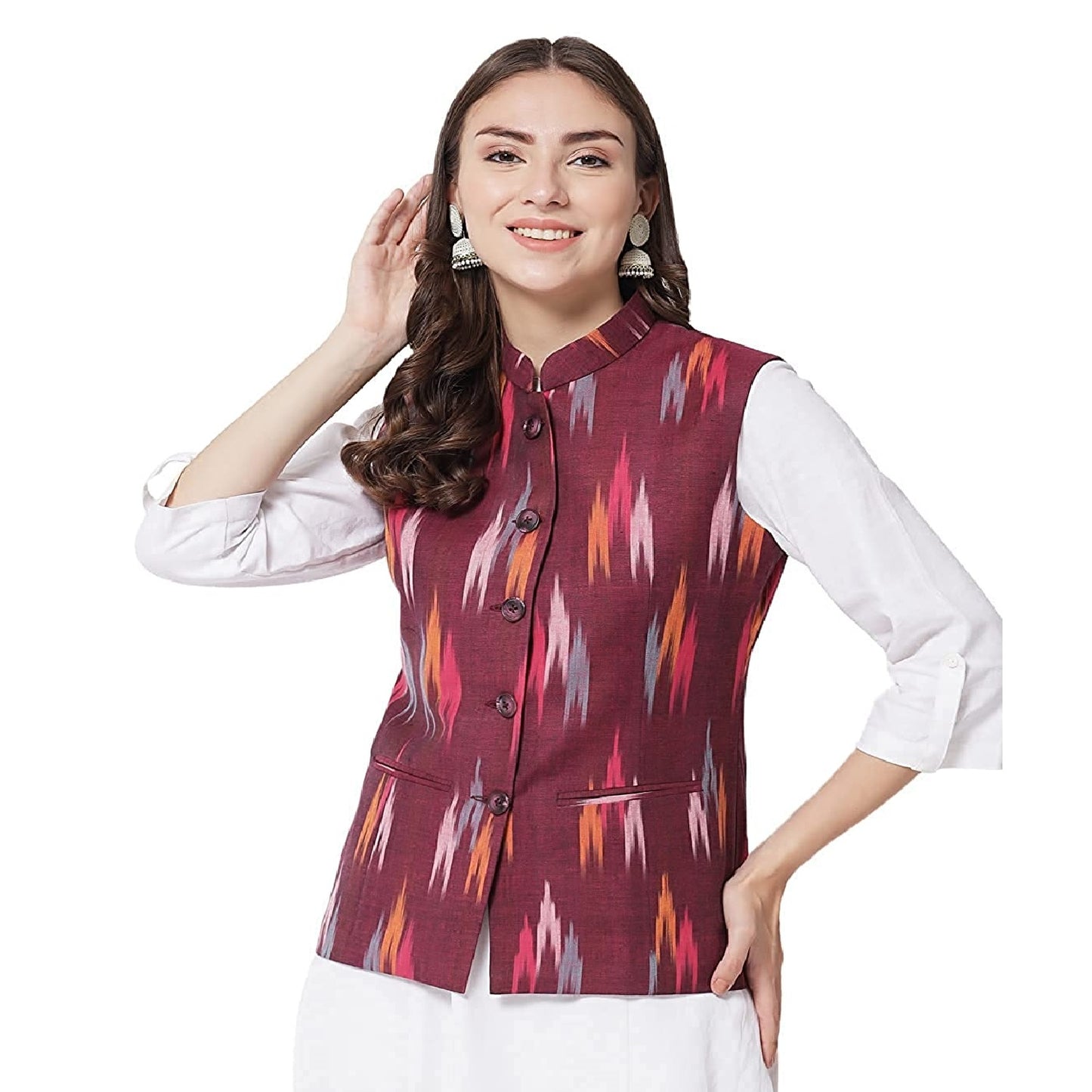 Ladies Modi Jacket / Waistcoat - Khadi Look in Mix Ikkat Patterns - South Cotton Nehru Jacket