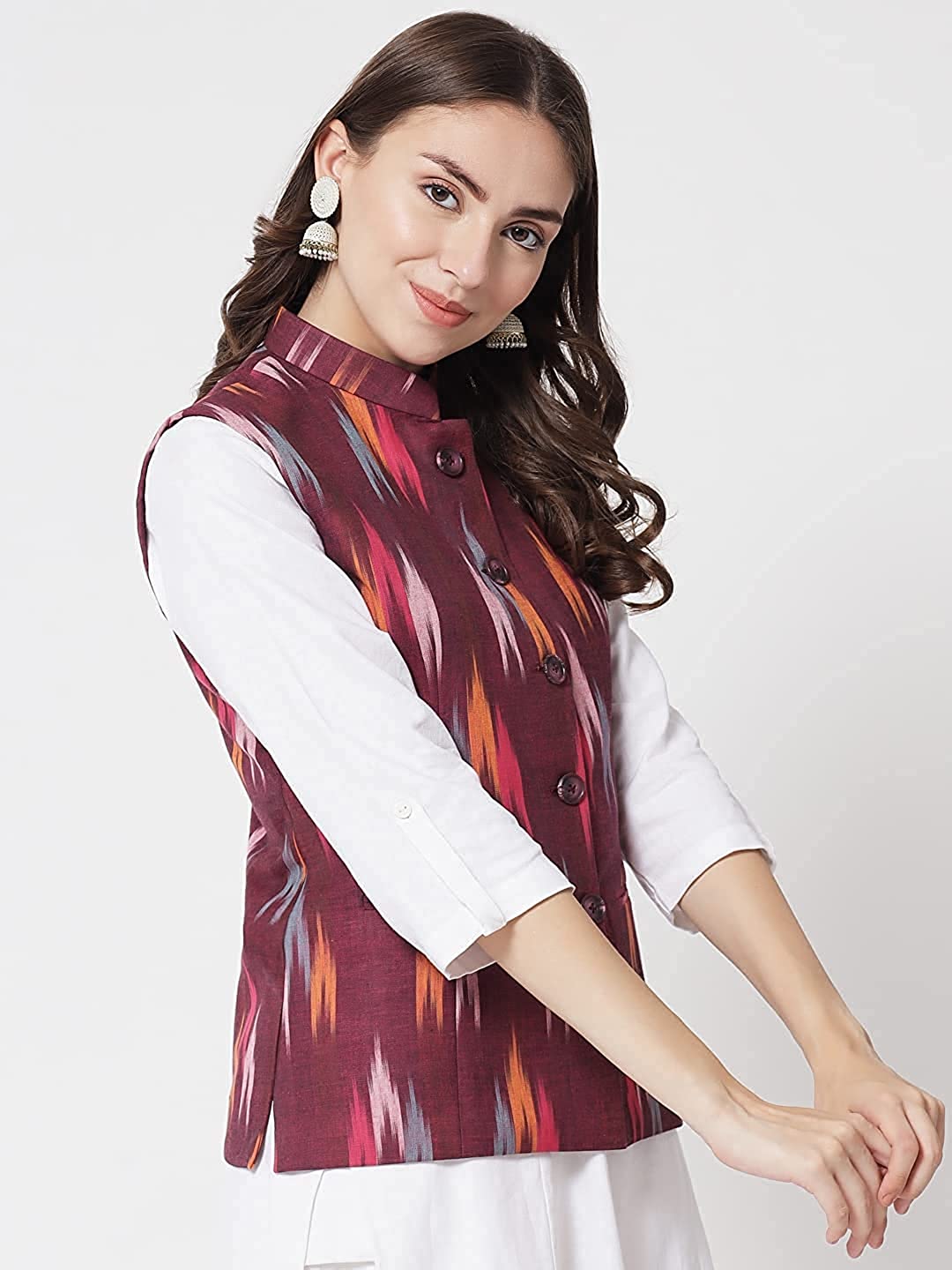 Ladies Modi Jacket / Waistcoat - Khadi Look in Mix Ikkat Patterns - South Cotton Nehru Jacket