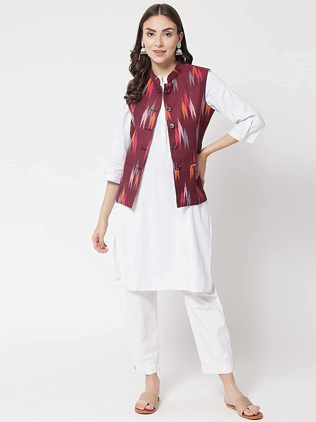 Ladies Modi Jacket / Waistcoat - Khadi Look in Mix Ikkat Patterns - South Cotton Nehru Jacket