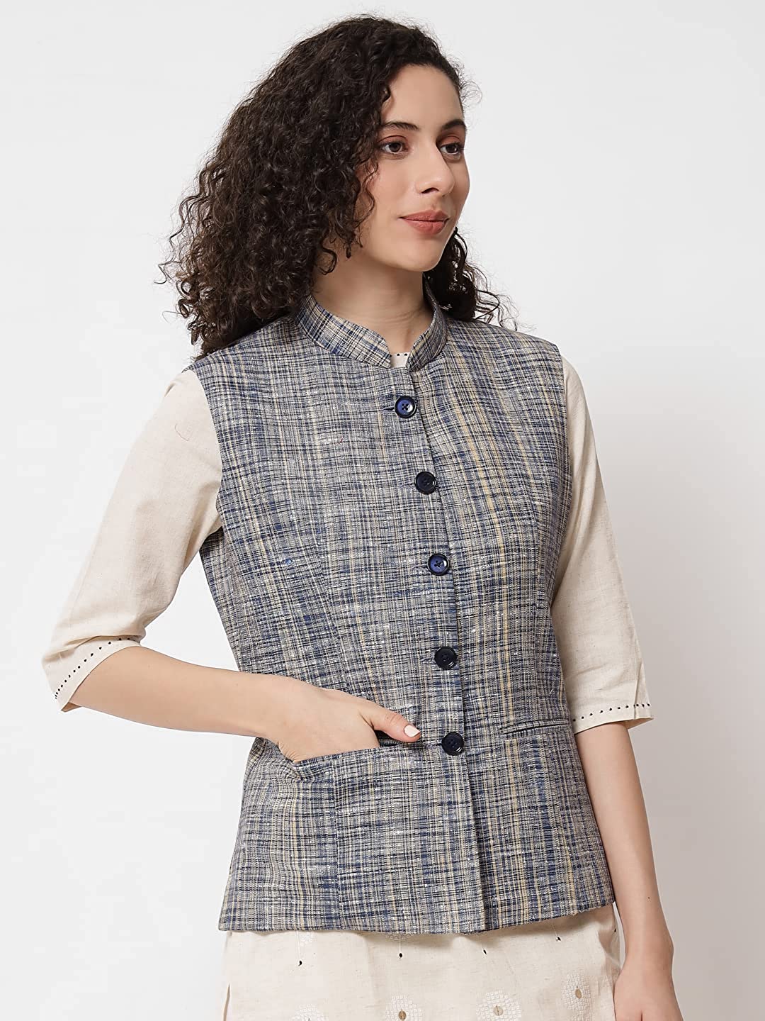 Vastraa Fusion Ladies Khadi Cotton-Small Check Patterns Modi Jacket Waistcoat