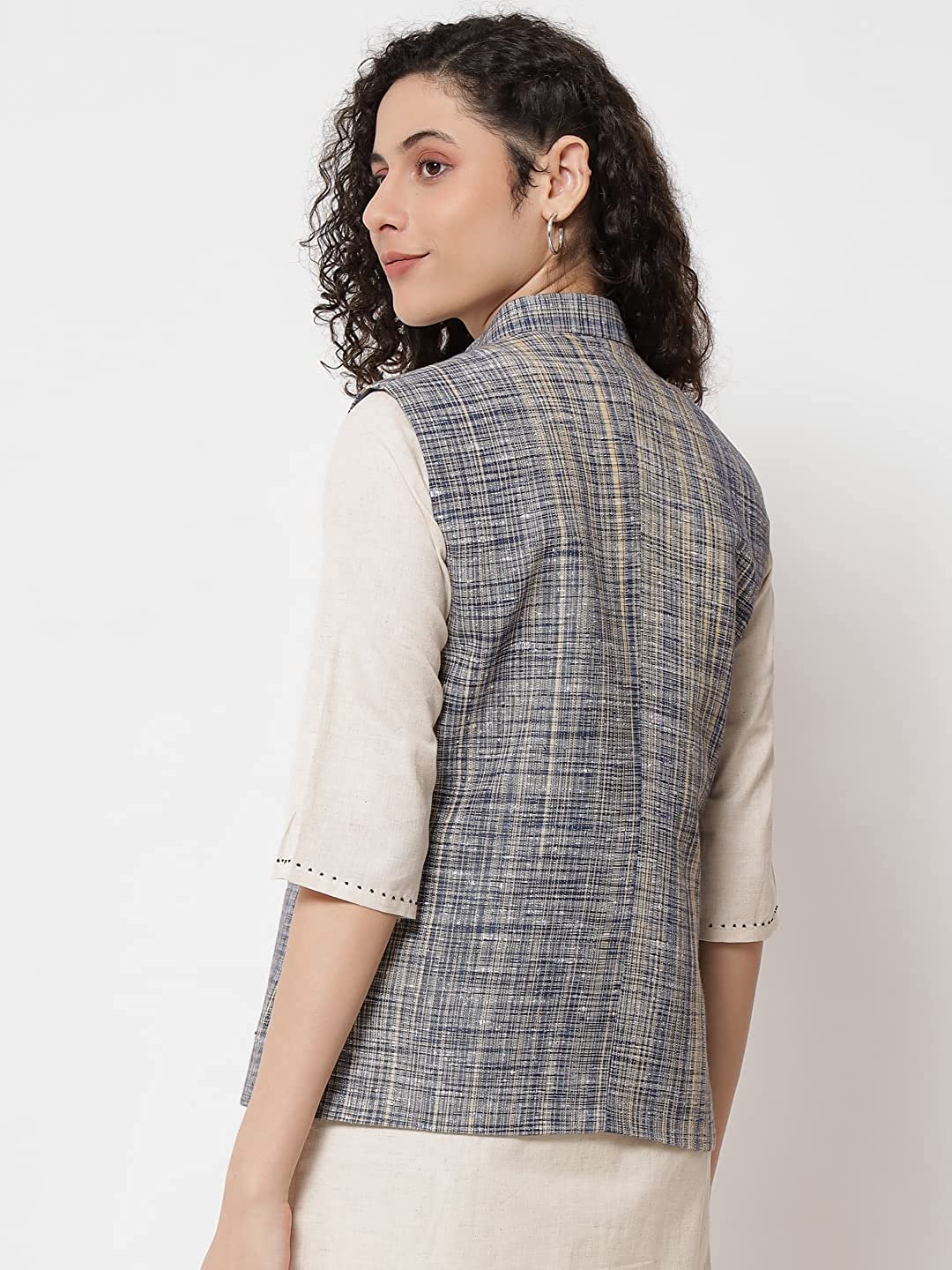 Vastraa Fusion Ladies Khadi Cotton-Small Check Patterns Modi Jacket Waistcoat