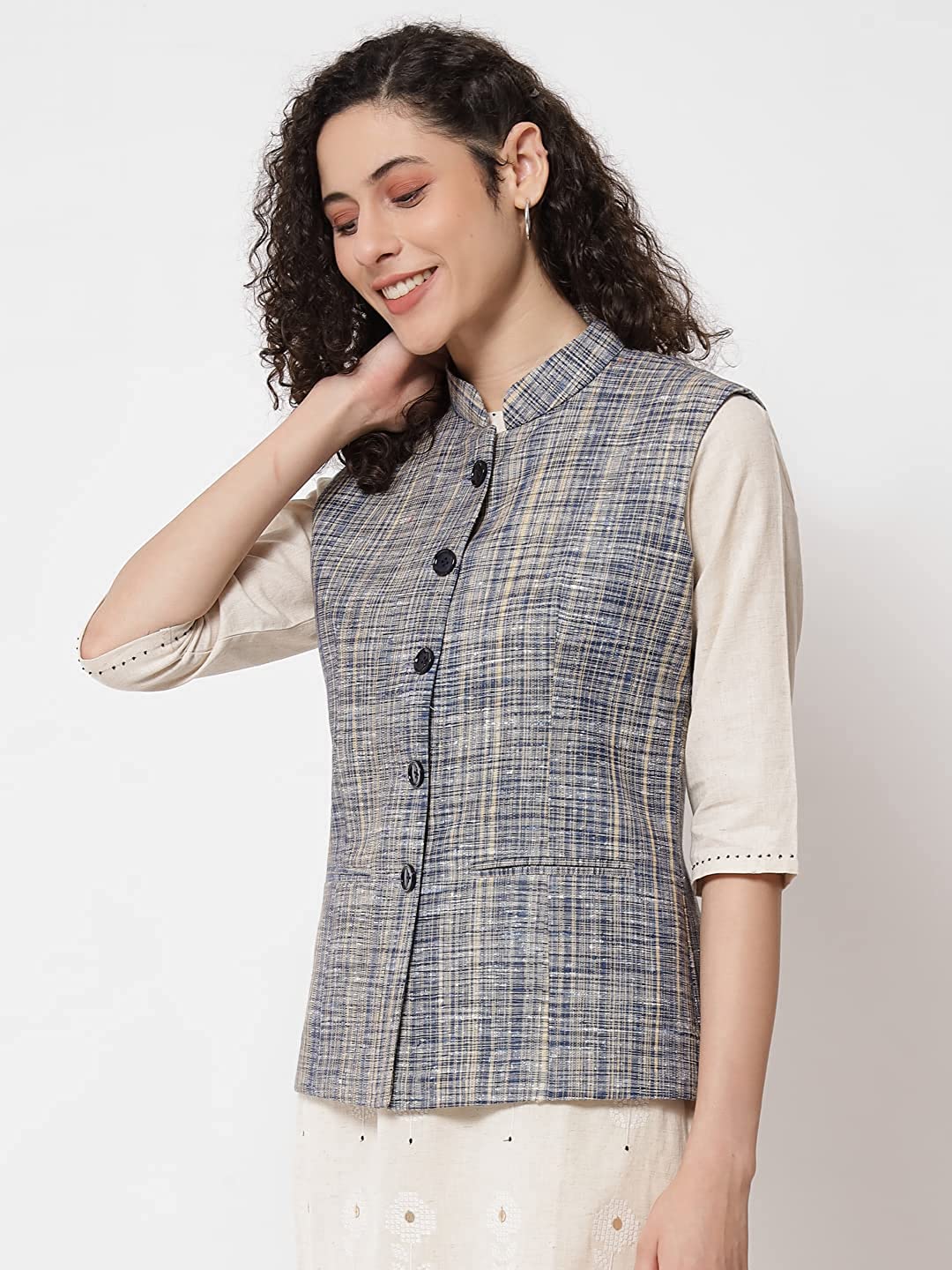 Vastraa Fusion Ladies Khadi Cotton-Small Check Patterns Modi Jacket Waistcoat