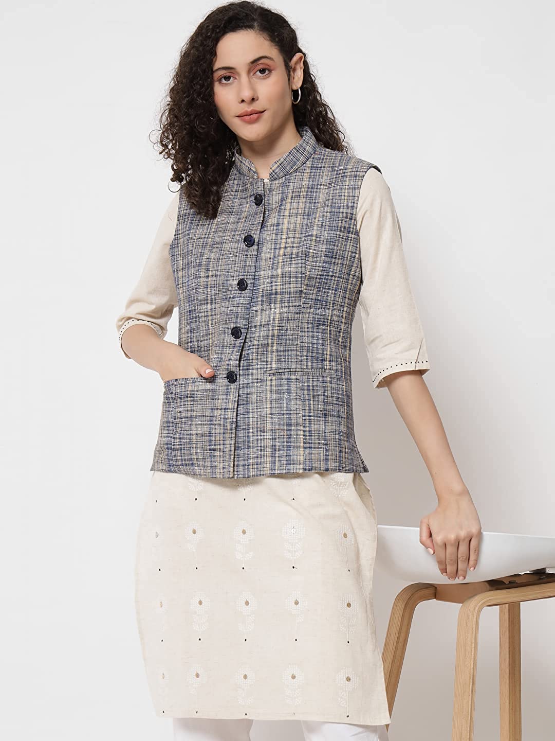 Vastraa Fusion Ladies Khadi Cotton-Small Check Patterns Modi Jacket Waistcoat