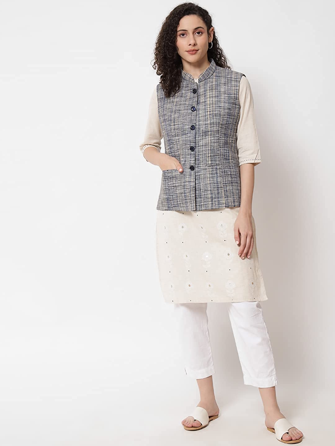 Vastraa Fusion Ladies Khadi Cotton-Small Check Patterns Modi Jacket Waistcoat