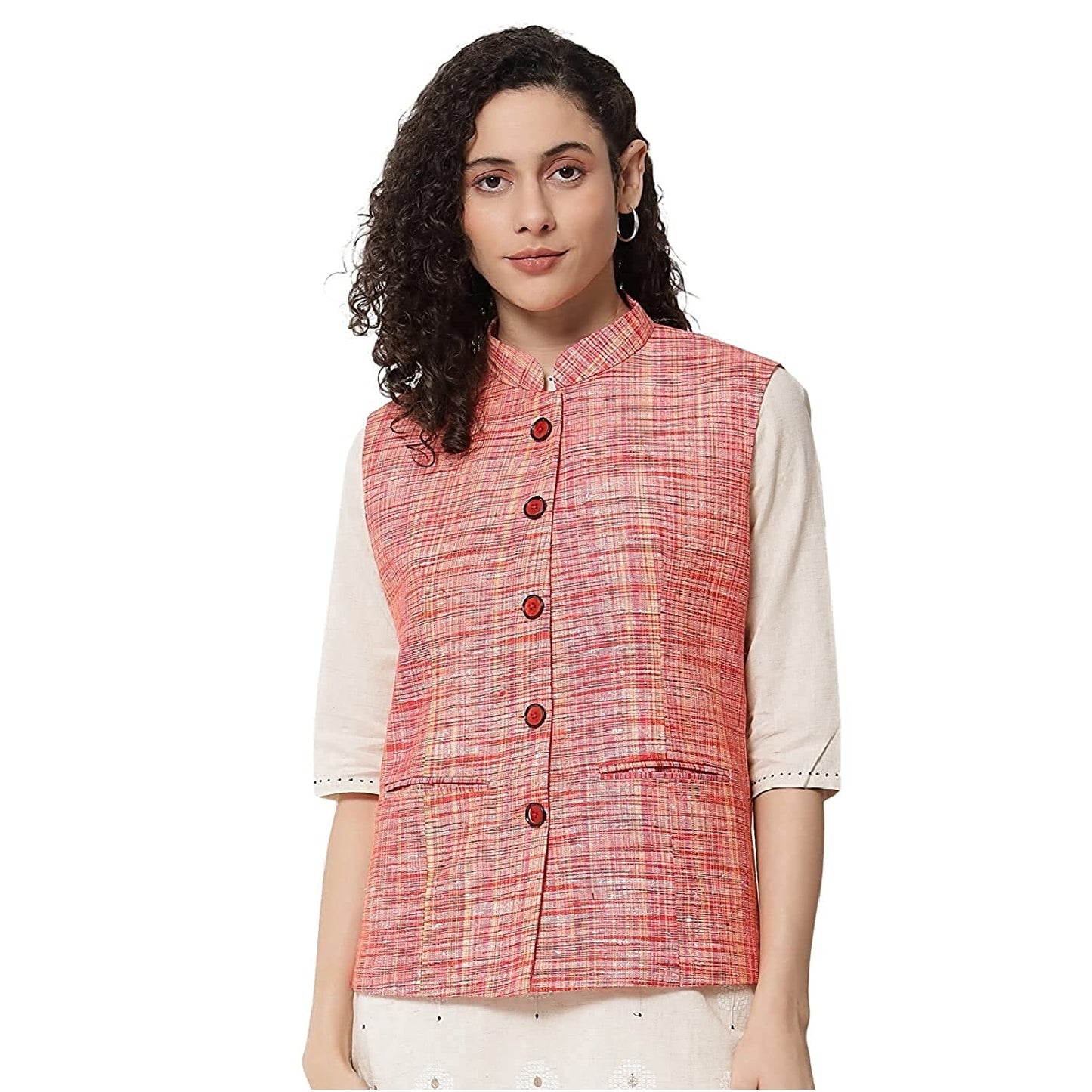 Vastraa Fusion Ladies Khadi Cotton-Small Check Patterns Modi Jacket Waistcoat