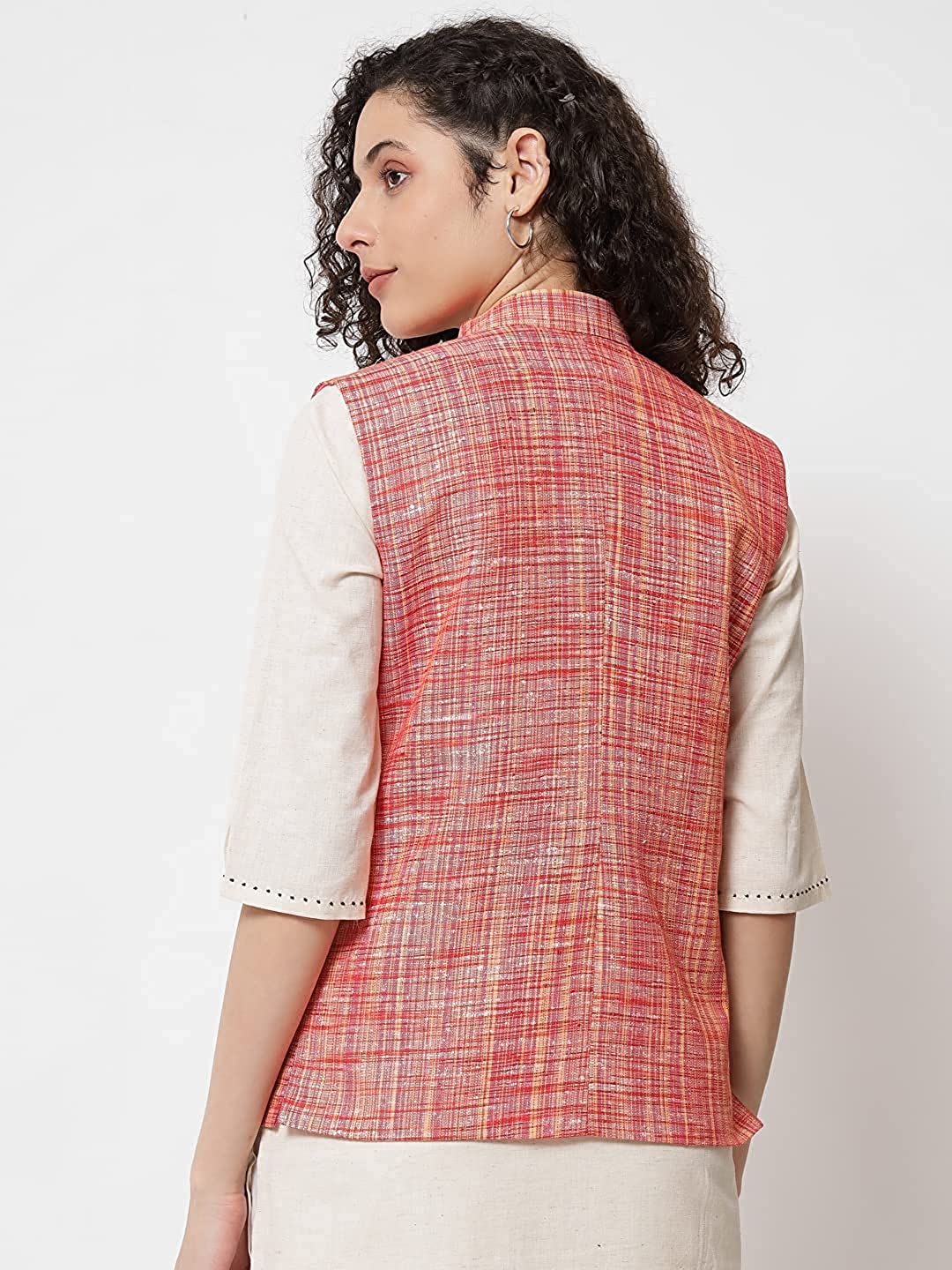 Vastraa Fusion Ladies Khadi Cotton-Small Check Patterns Modi Jacket Waistcoat