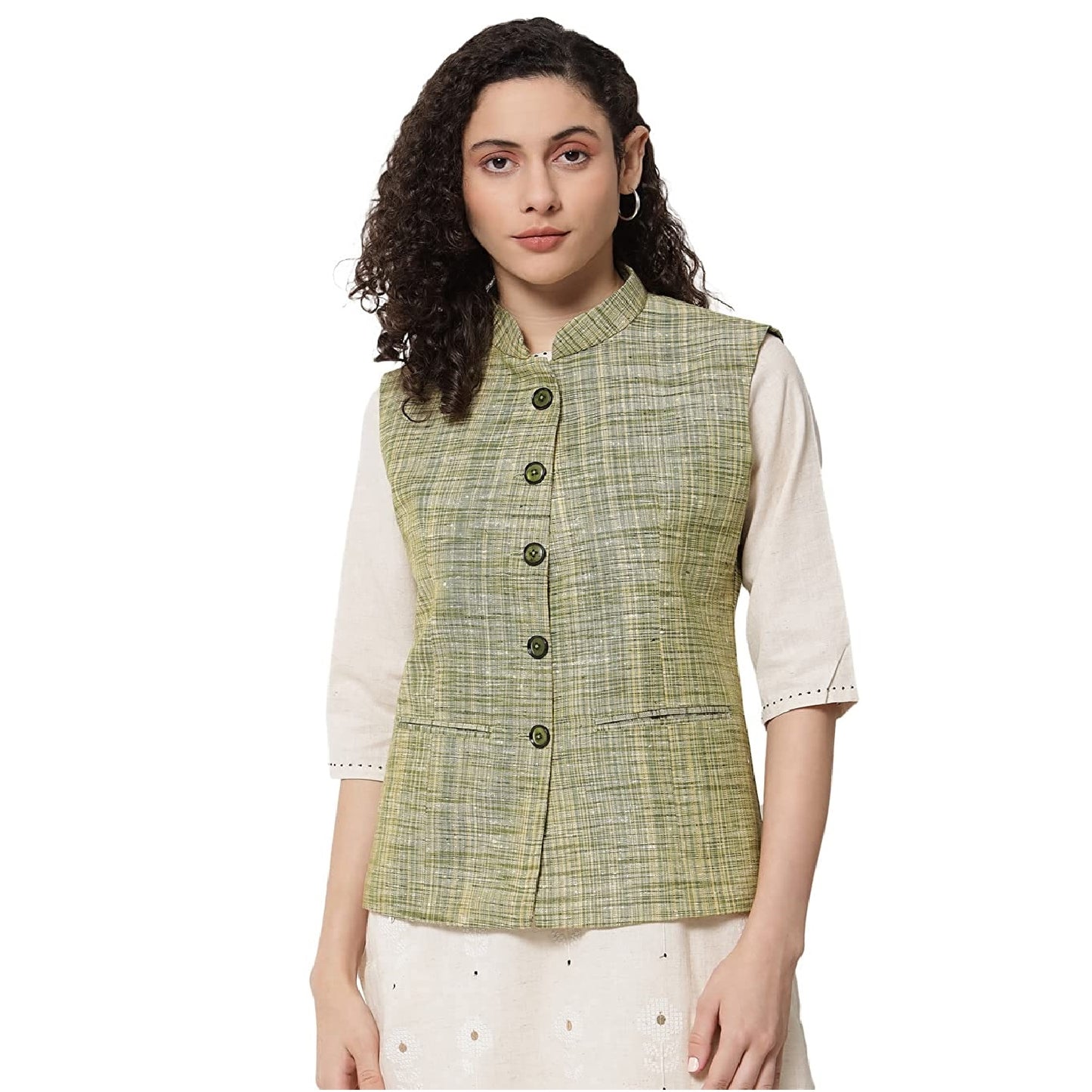 Vastraa Fusion Ladies Khadi Cotton-Small Check Patterns Modi Jacket Waistcoat