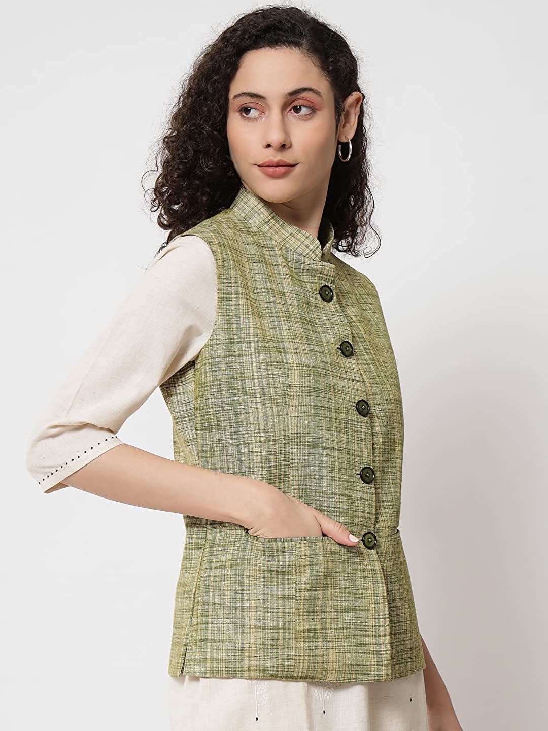 Vastraa Fusion Ladies Khadi Cotton-Small Check Patterns Modi Jacket Waistcoat