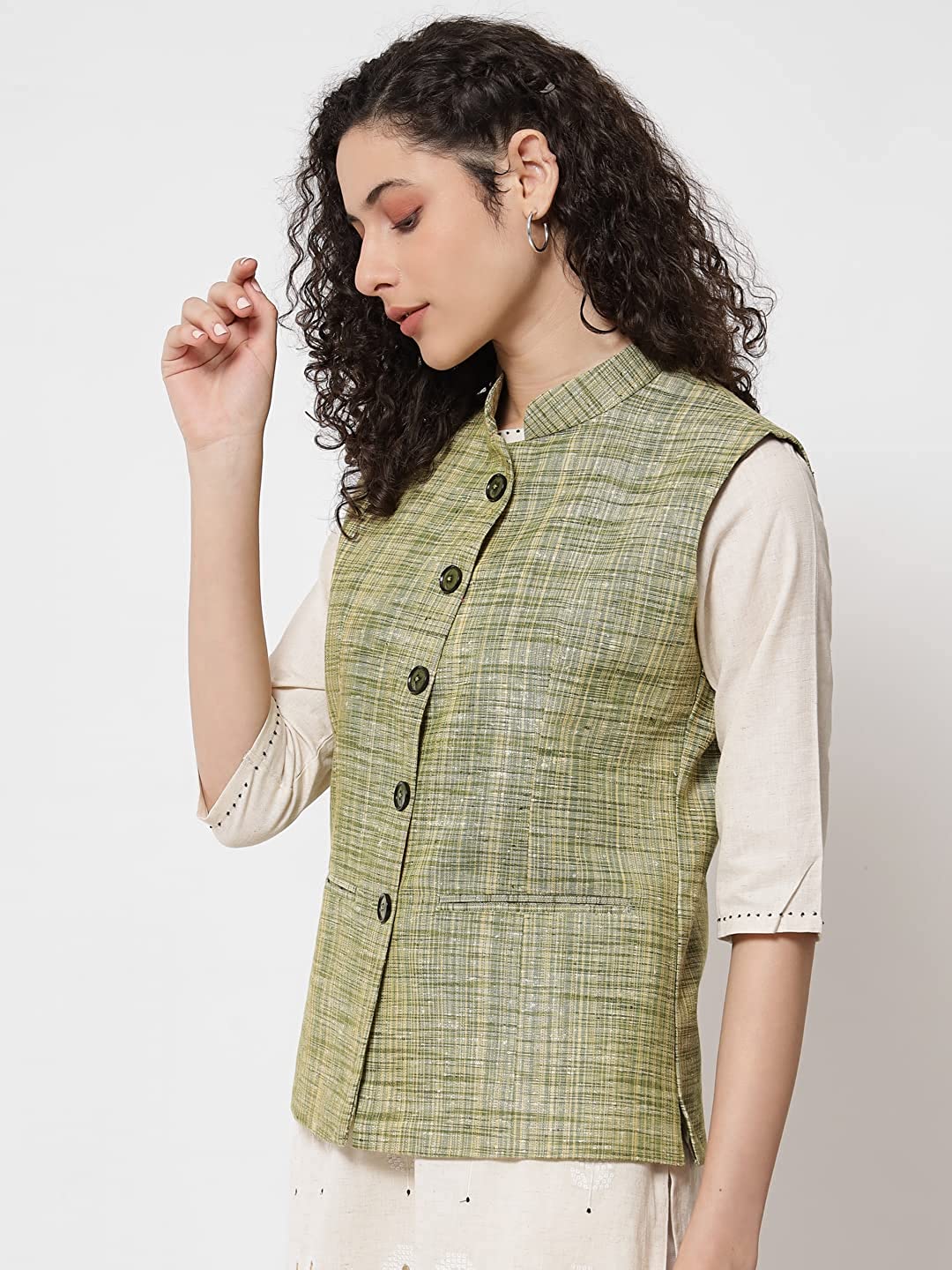 Vastraa Fusion Ladies Khadi Cotton-Small Check Patterns Modi Jacket Waistcoat