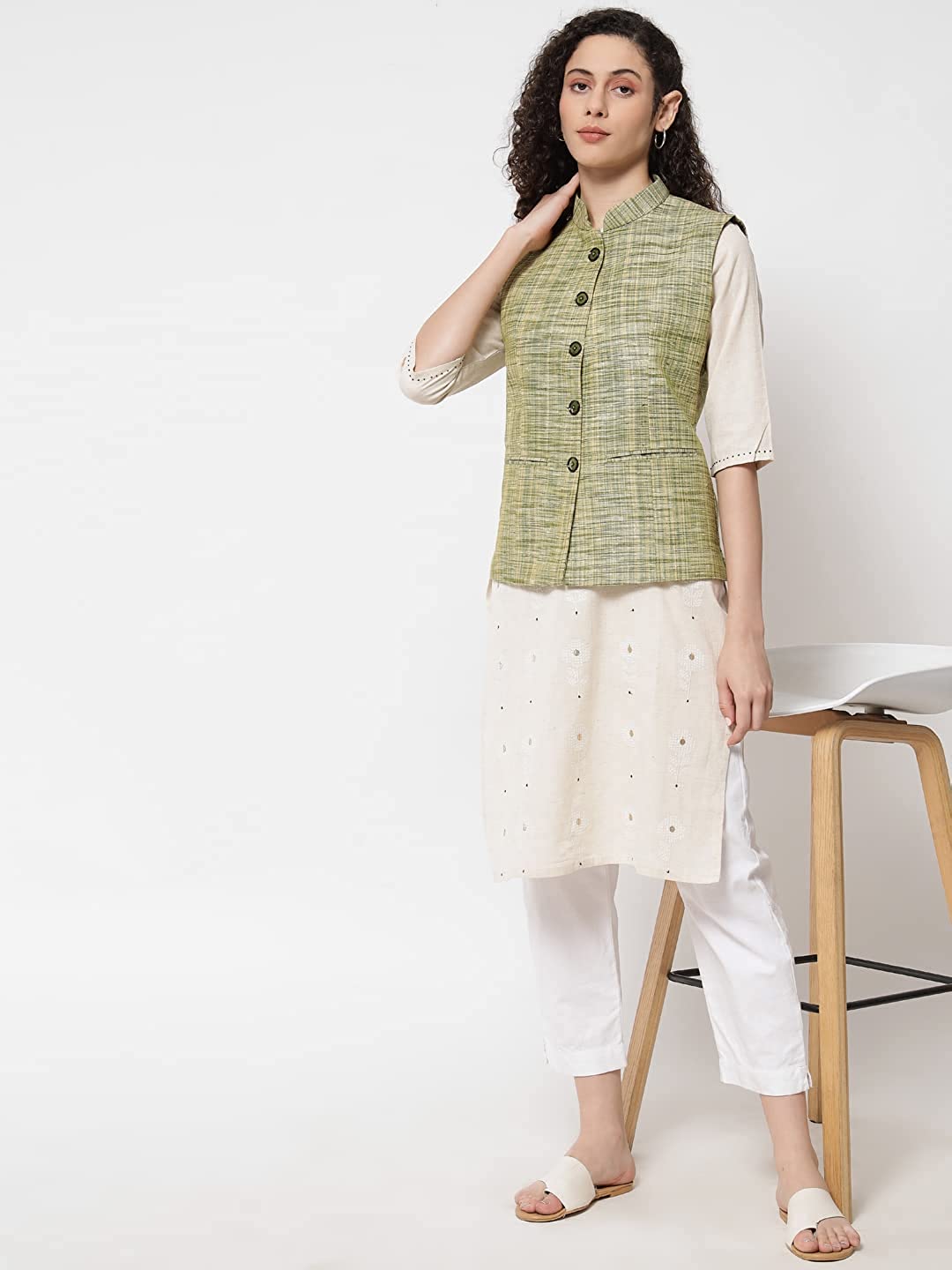 Vastraa Fusion Ladies Khadi Cotton-Small Check Patterns Modi Jacket Waistcoat