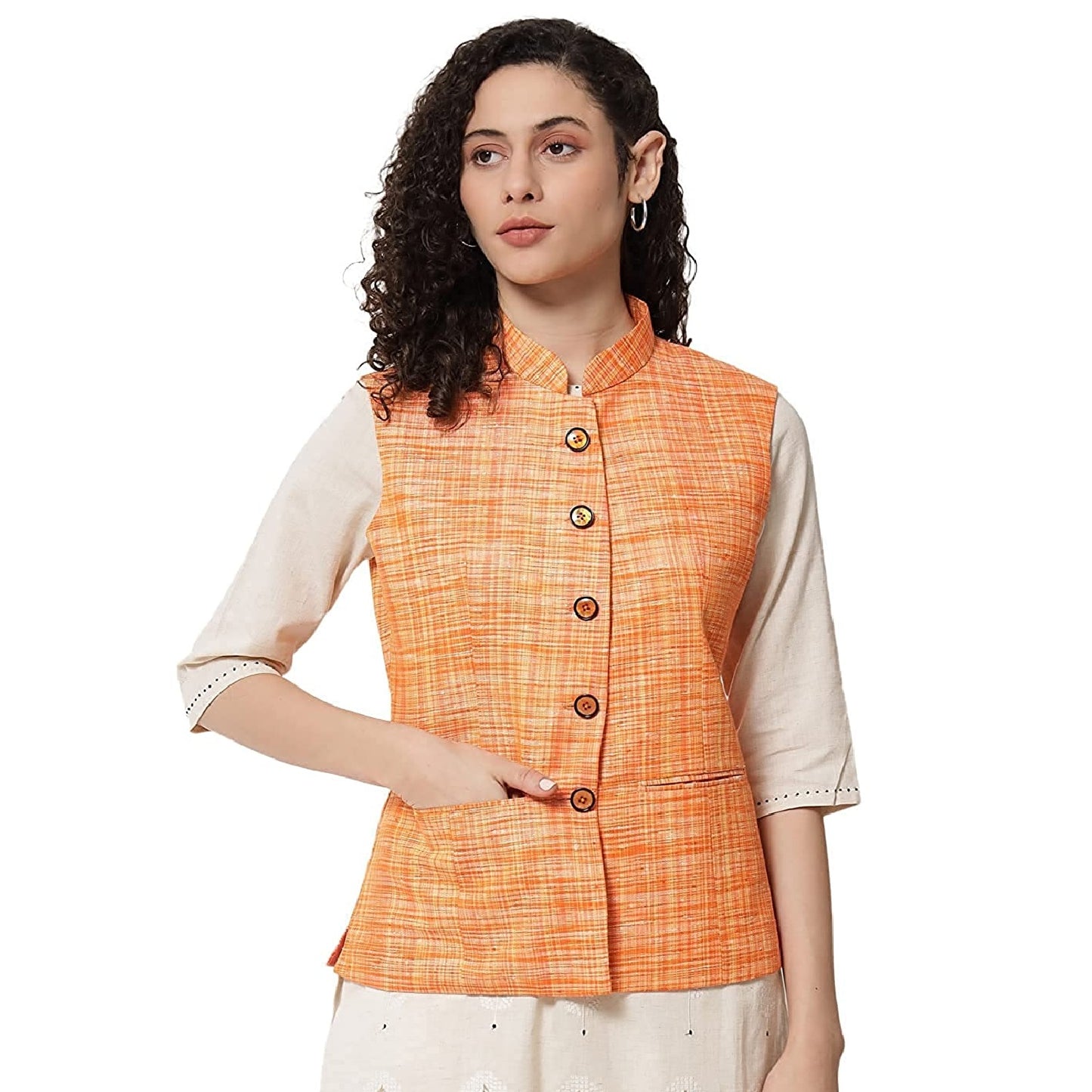 Vastraa Fusion Ladies Khadi Cotton-Small Check Patterns Modi Jacket Waistcoat