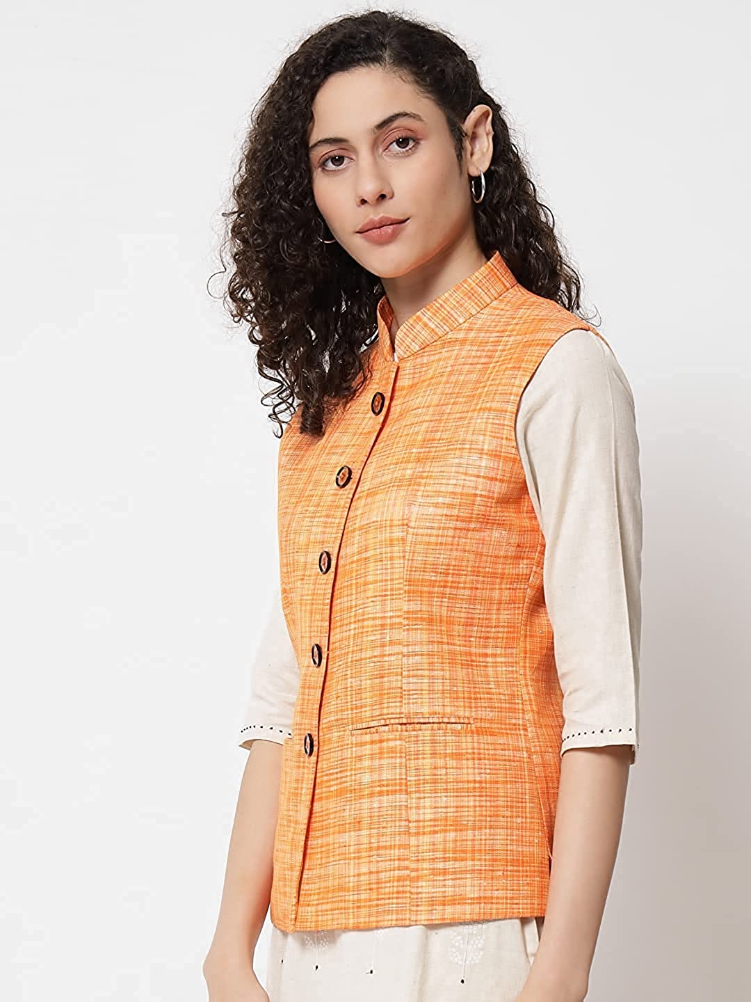 Vastraa Fusion Ladies Khadi Cotton-Small Check Patterns Modi Jacket Waistcoat