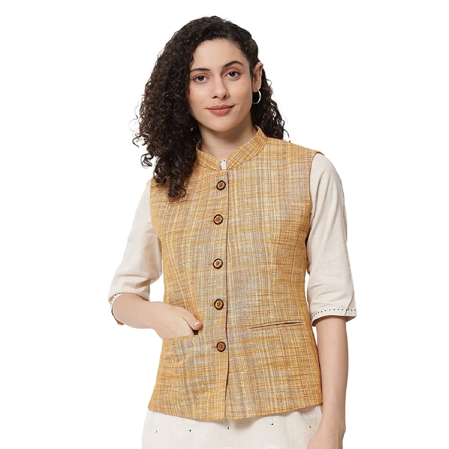 Vastraa Fusion Ladies Khadi Cotton-Small Check Patterns Modi Jacket Waistcoat