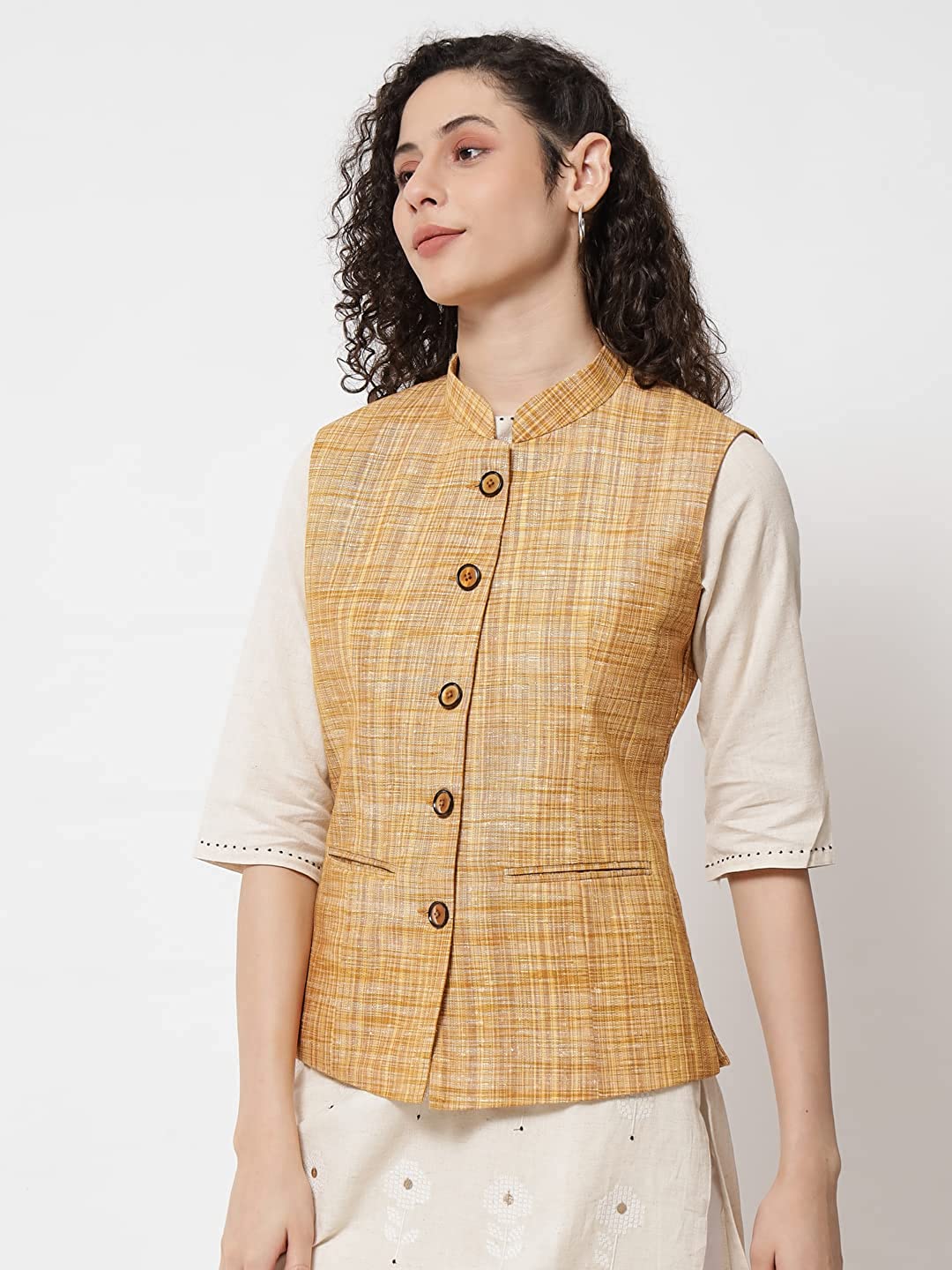 Vastraa Fusion Ladies Khadi Cotton-Small Check Patterns Modi Jacket Waistcoat