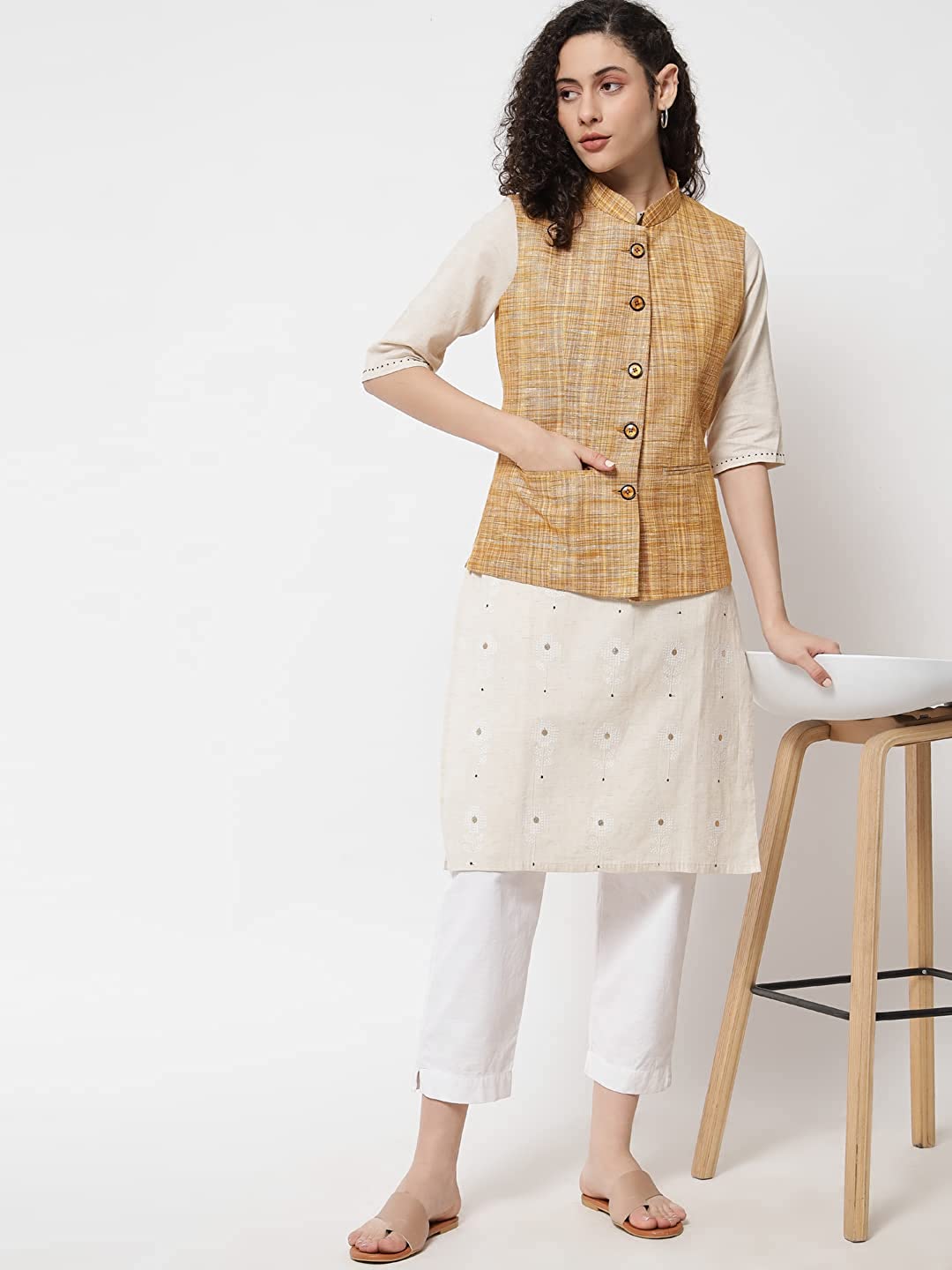 Vastraa Fusion Ladies Khadi Cotton-Small Check Patterns Modi Jacket Waistcoat