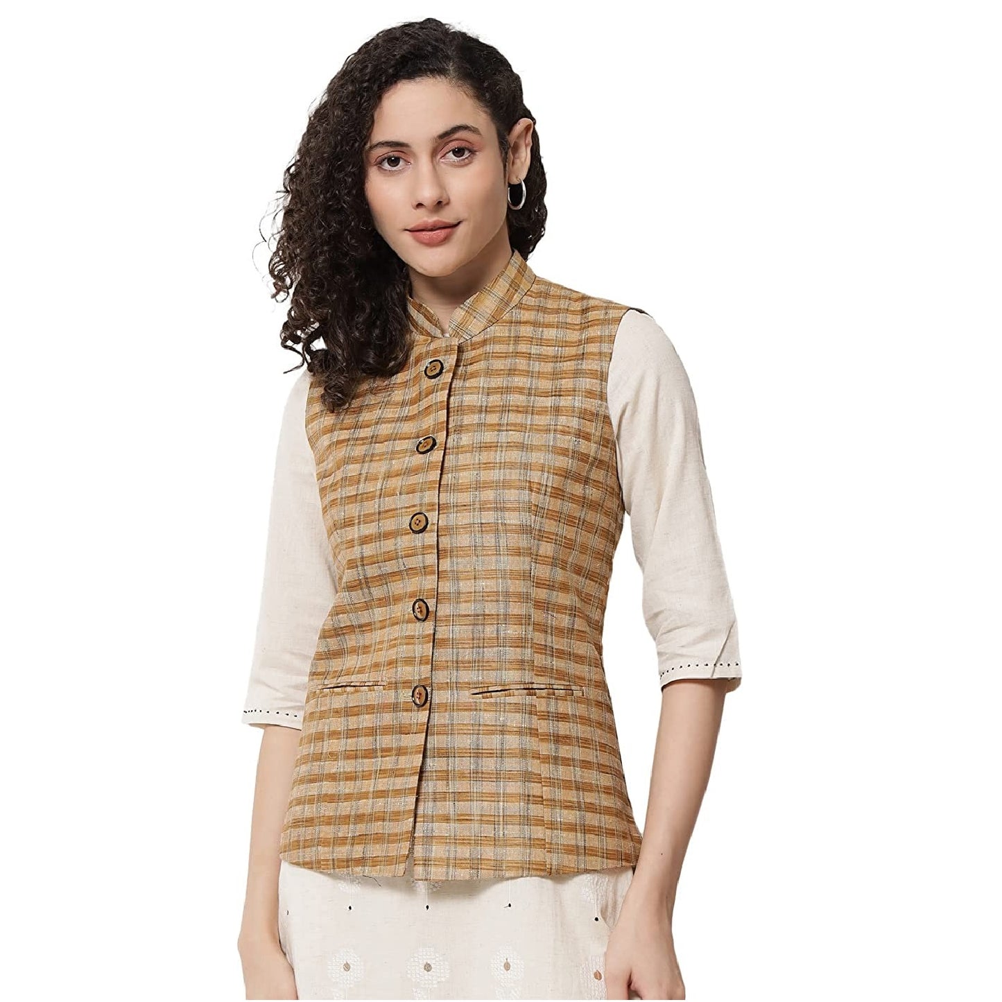 Womens Handloom Block Check Print Nehru Jacket