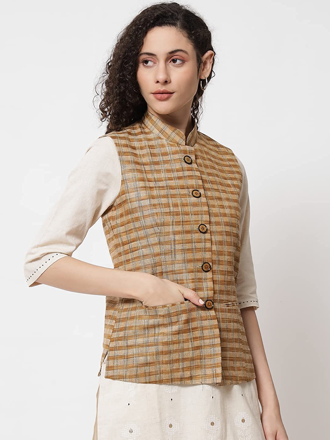 Womens Handloom Block Check Print Nehru Jacket