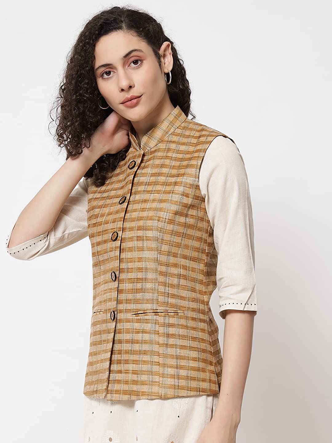 Womens Handloom Block Check Print Nehru Jacket