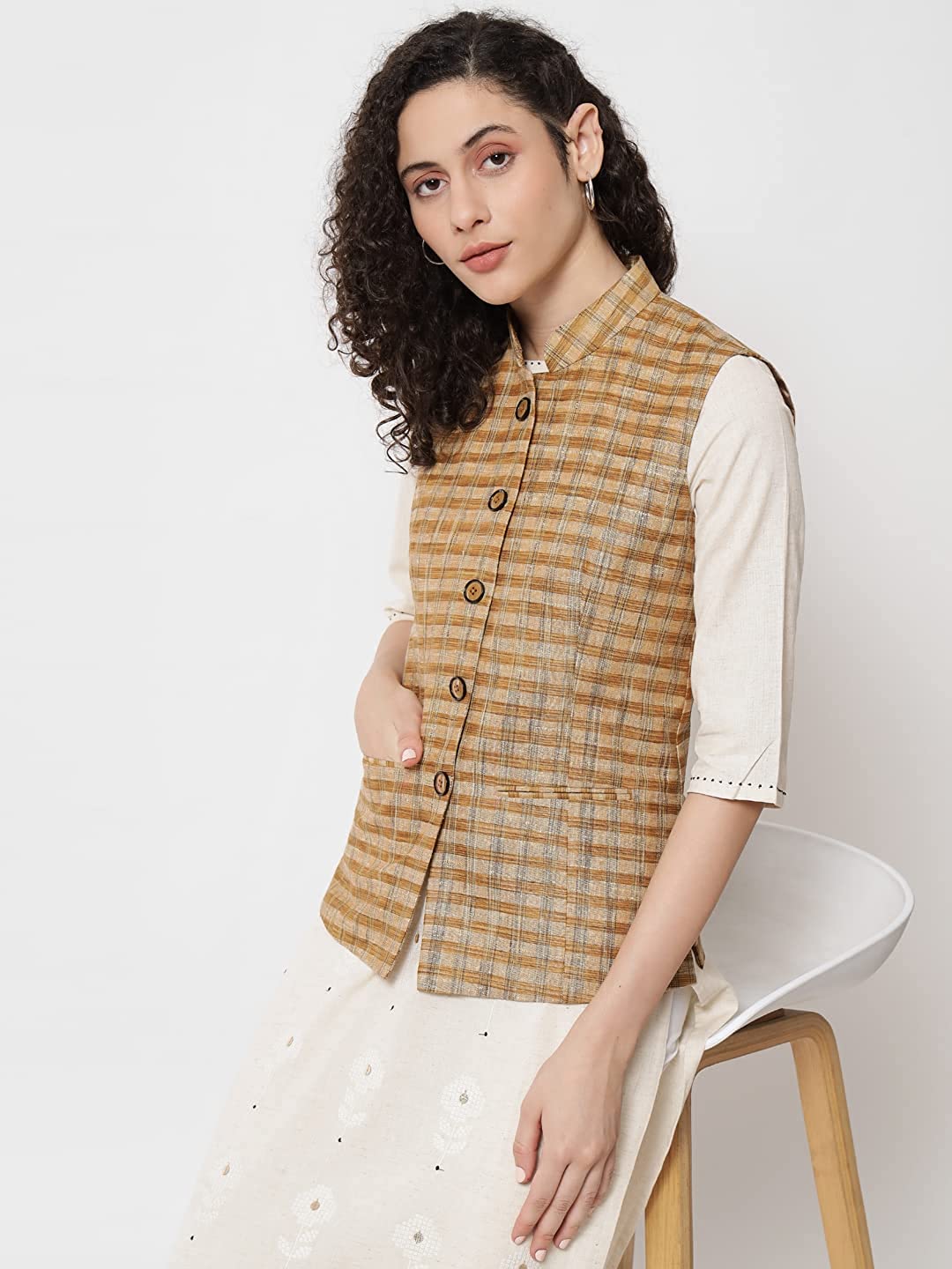 Womens Handloom Block Check Print Nehru Jacket