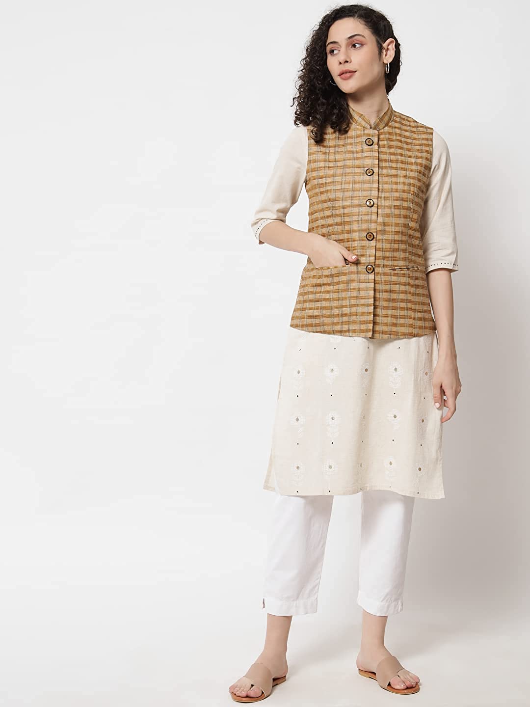 Womens Handloom Block Check Print Nehru Jacket