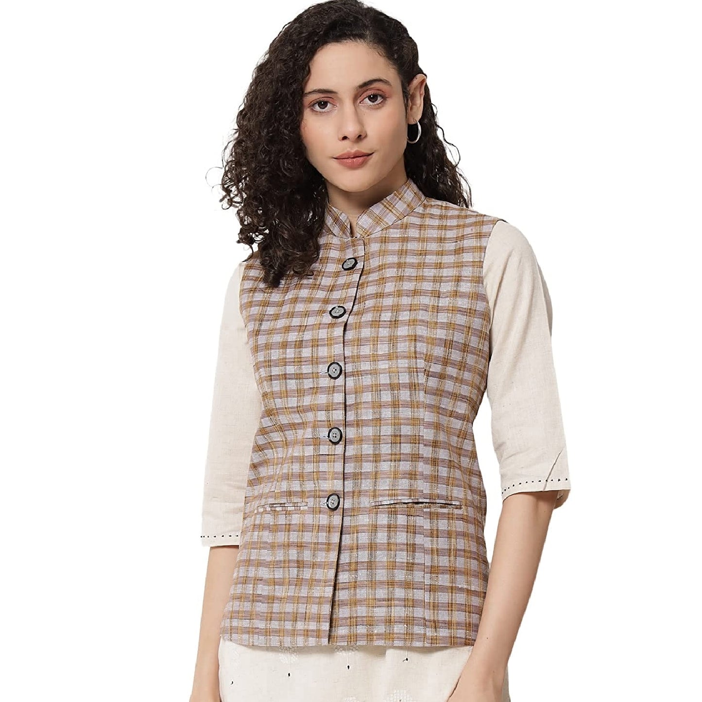 Womens Handloom Block Check Print Nehru Jacket