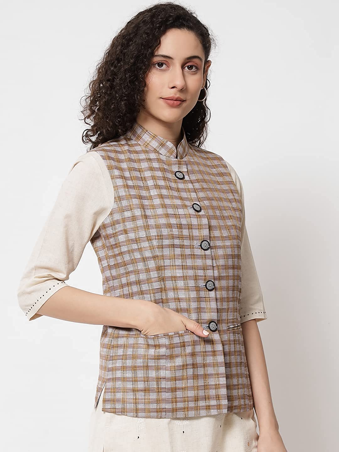 Womens Handloom Block Check Print Nehru Jacket