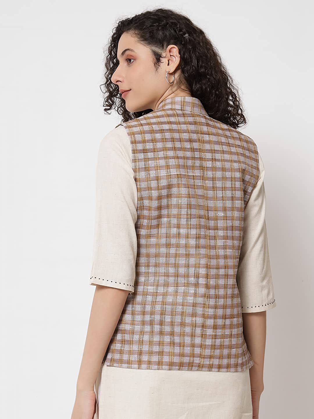 Womens Handloom Block Check Print Nehru Jacket