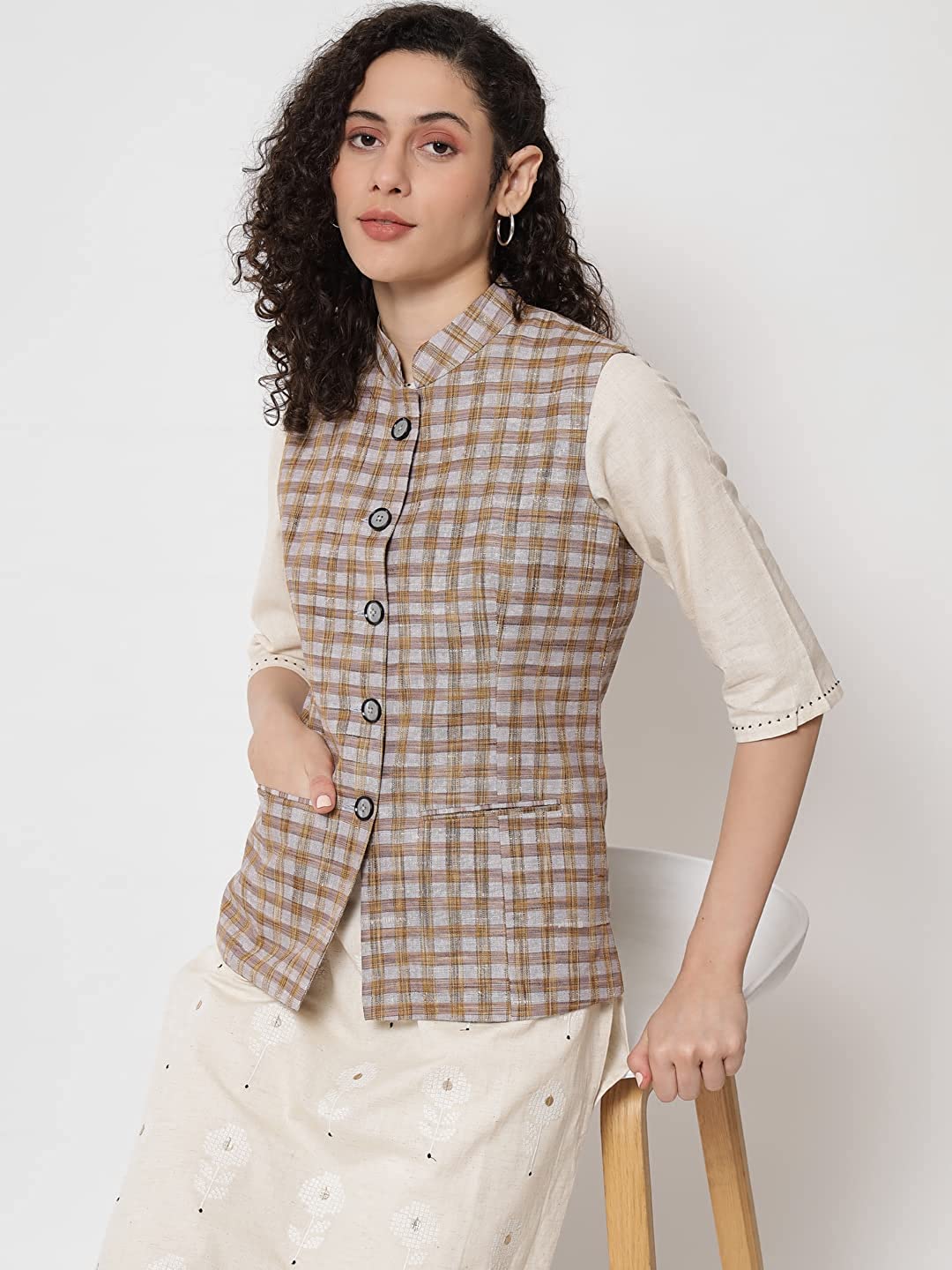 Womens Handloom Block Check Print Nehru Jacket